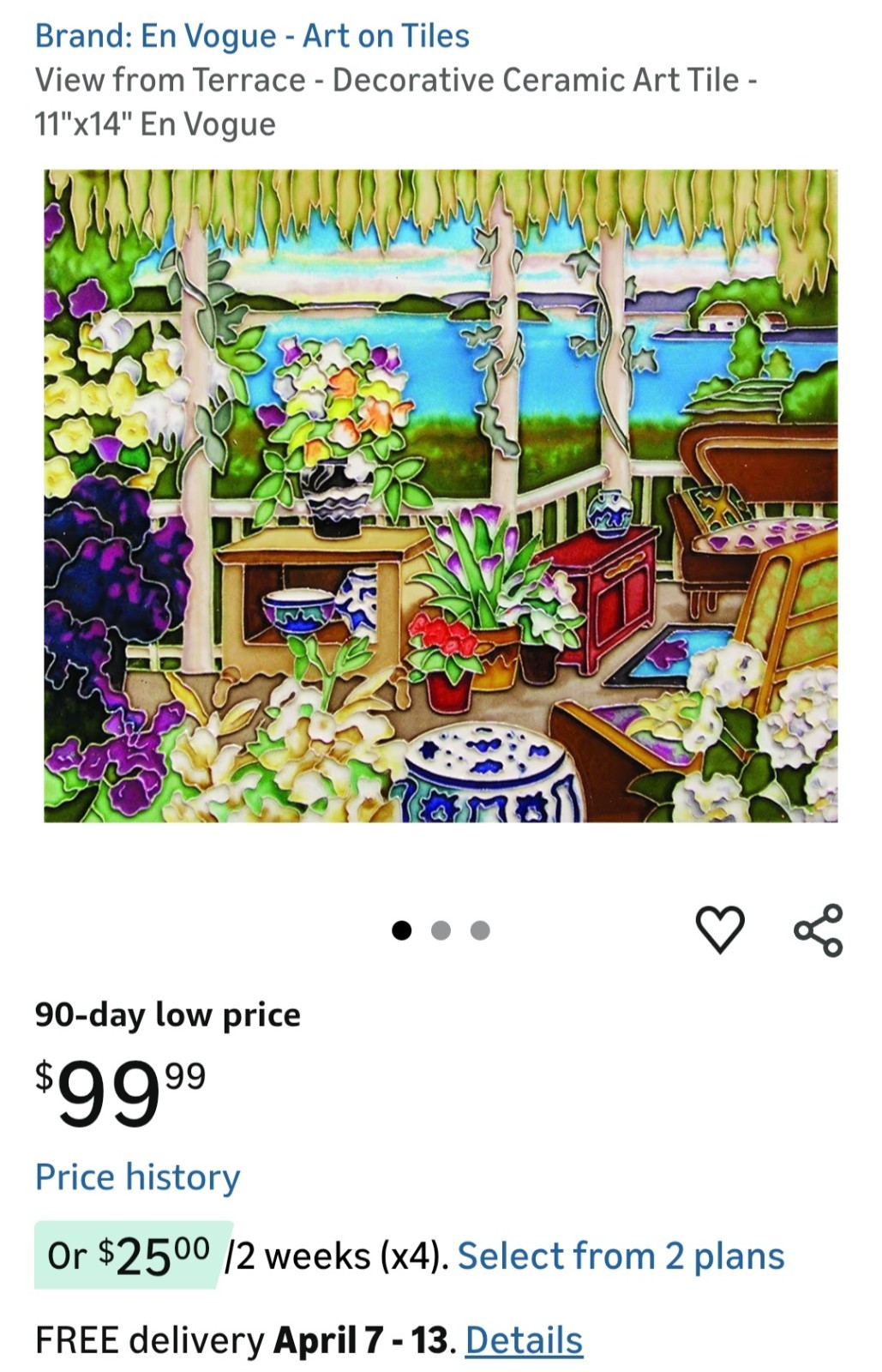 En Vogue – Art on Tiles Hand Painted Decorative Ceramic Tile 11×14 Floral Glossy