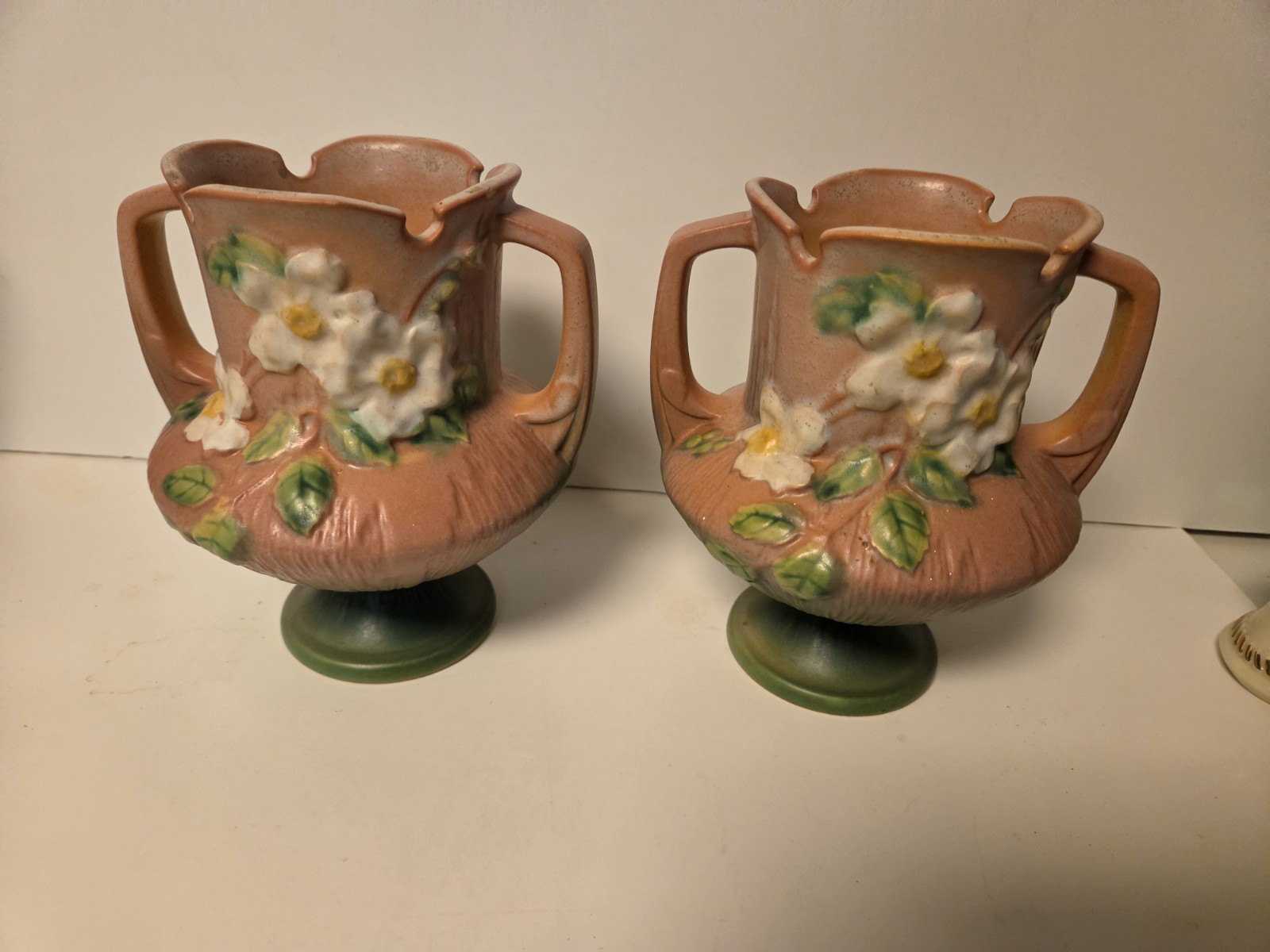 1940 ROSEVILLE White Rose Art Pottery #146- 6″ , Lot of 2 , see photos
