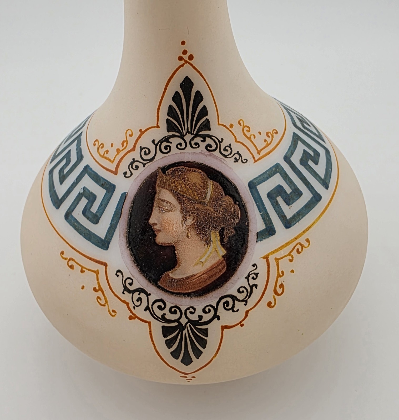 Antique French Opaline Glass Cabinet Bud Vase Neo Grecian Pattern Hand Painted