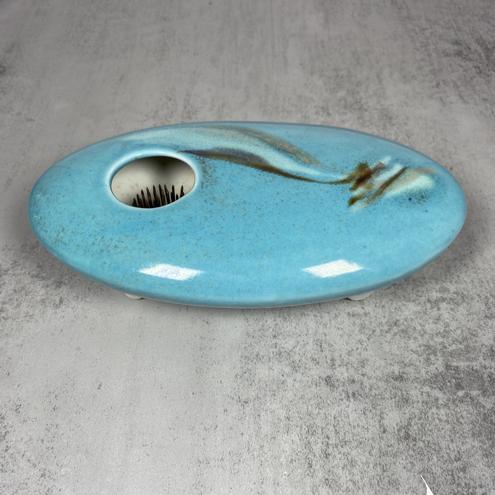 Ikebana Vase With Flower Frog Georgetown Art Studio Pottery Aqua Oval 2005