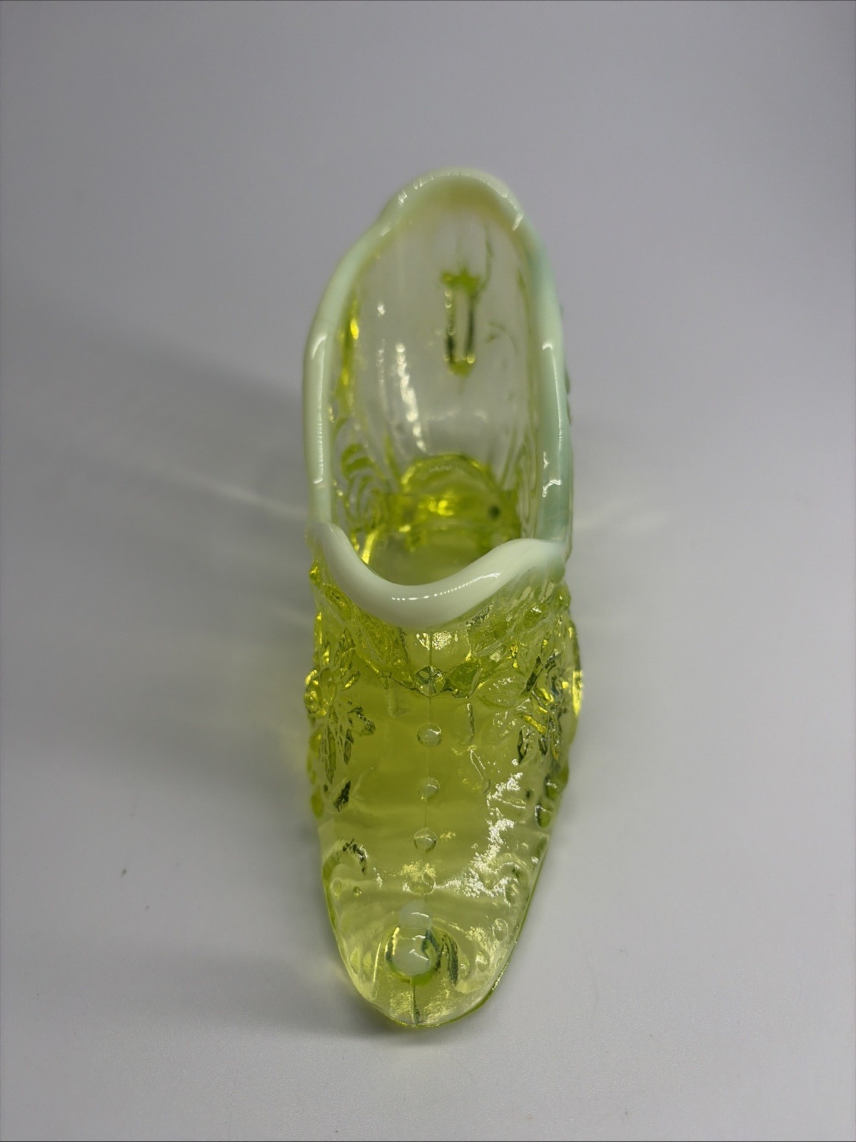 Mosser Opalescent Vaseline Uranium Rose Slipper Shoe Figurine 6″ UV Glow Vintage