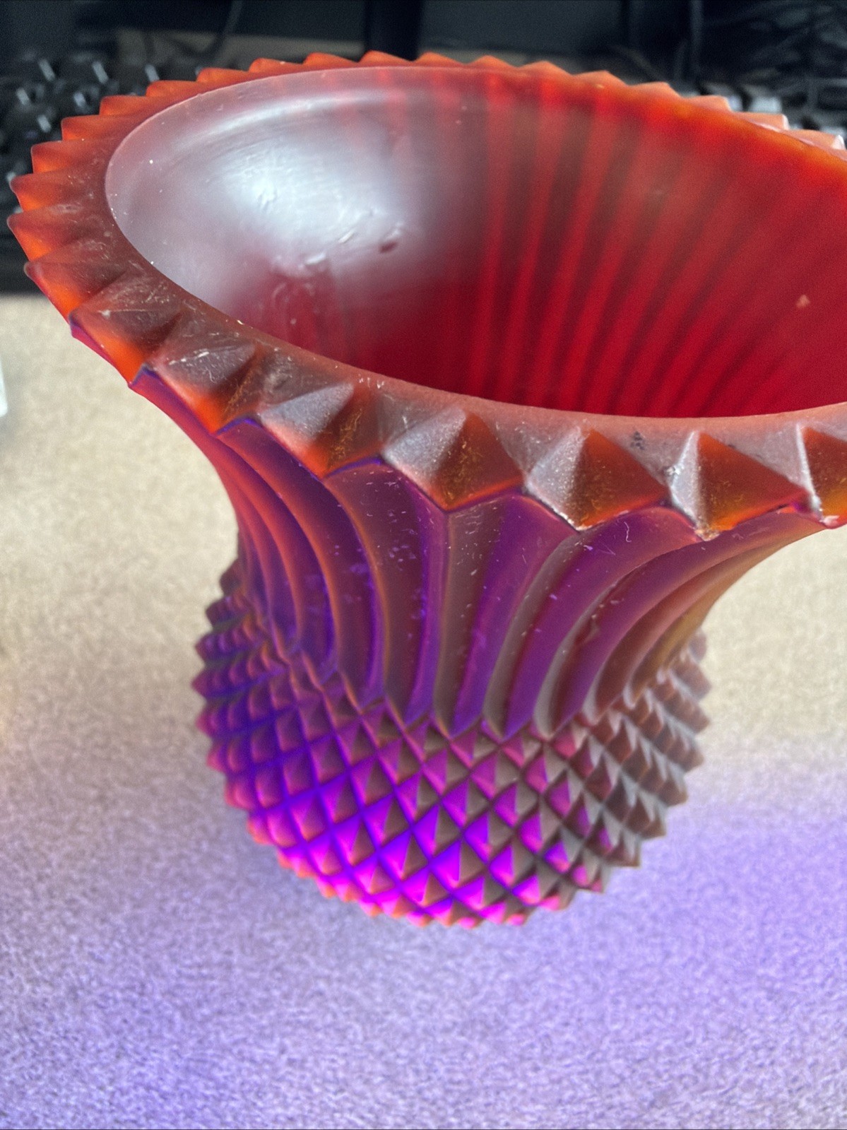 Vintage Faroy Red Glass Diamond Point Votive Candle Holder glows Like Uranium!