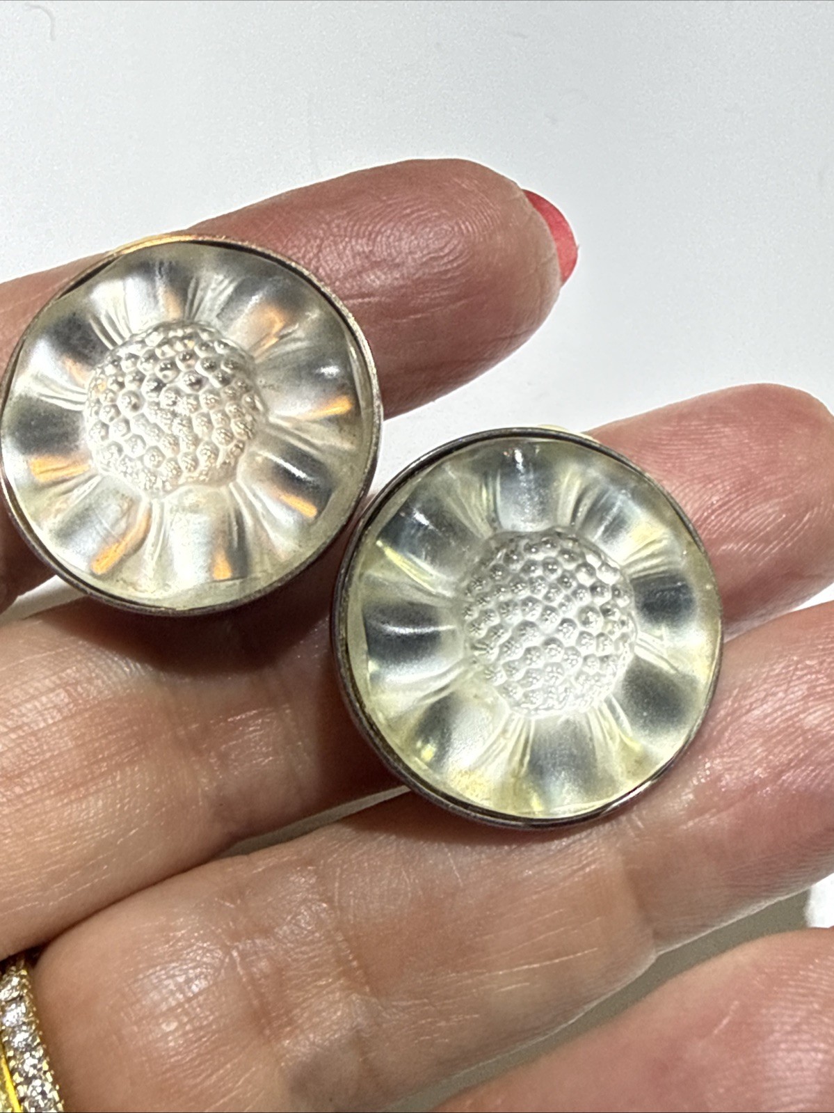 Vintage Lalique Glass Floral Design Sterling Silver Clip On Earrings