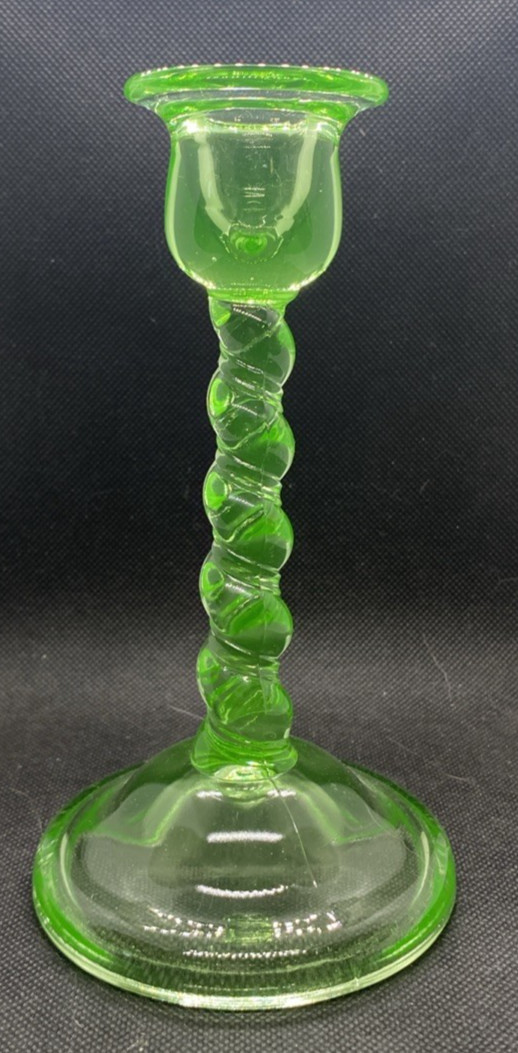 VTG Tiffin? Uranium Single Candlestick Holder 7″ Tall Spiral Twist GLOWS!