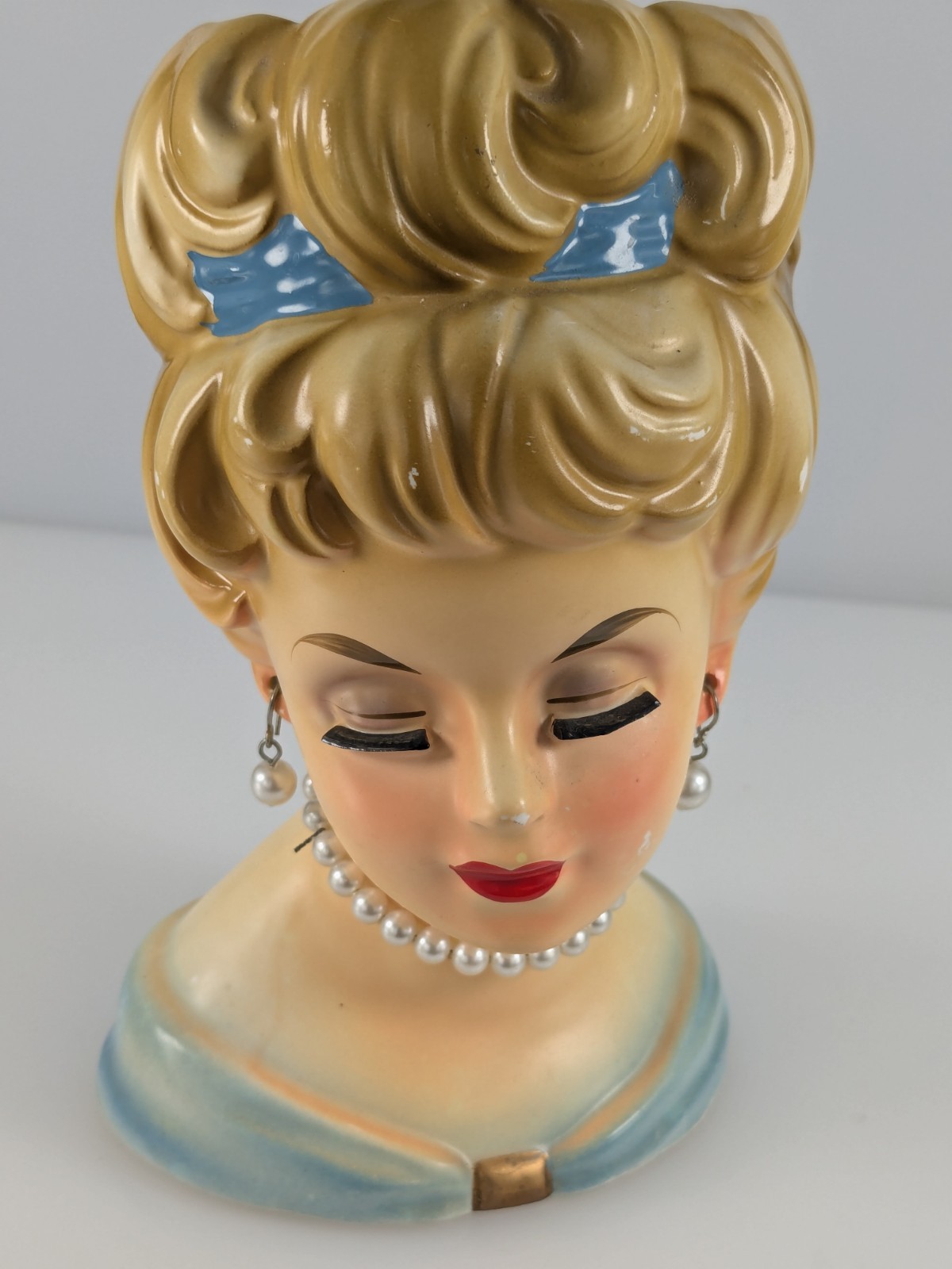 Vintage Lady Head Vase Glossy Cold Pink Cheek Blue Dress & Hair Original Jewelry