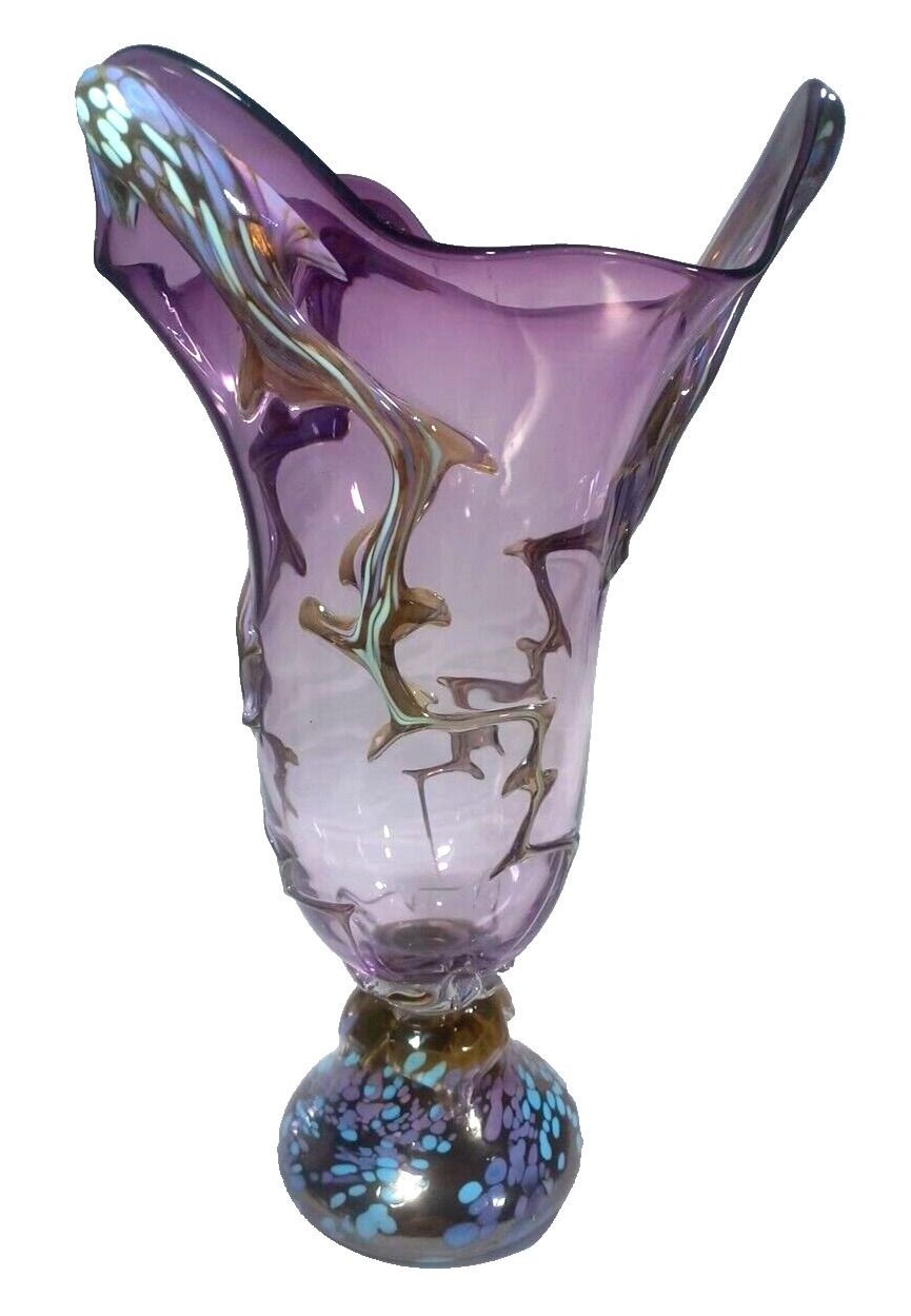 STUNNER 13″ Purple Copper Infused Art Deco Murano Vine Confetti Centerpiece Vase