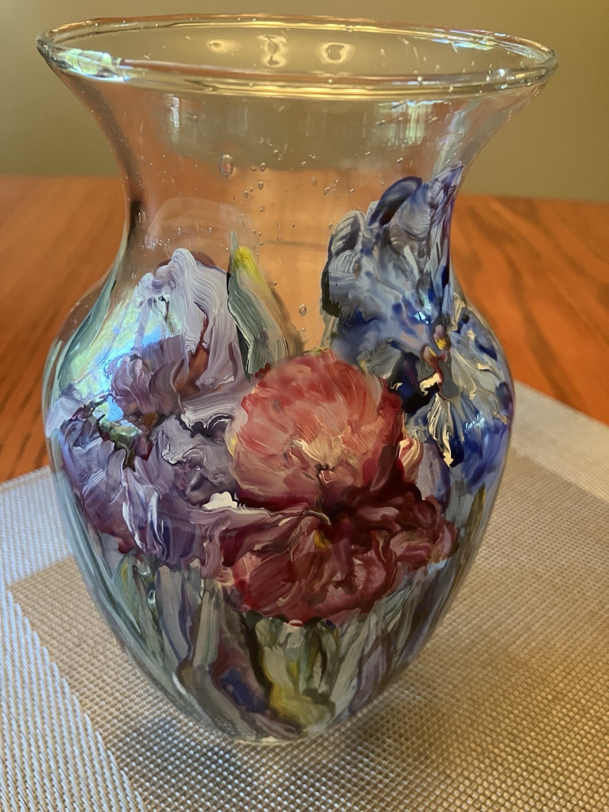 Mary Wolf Floral Impressionist Style Hand Painted Glass Vase Vintage Signed 8”