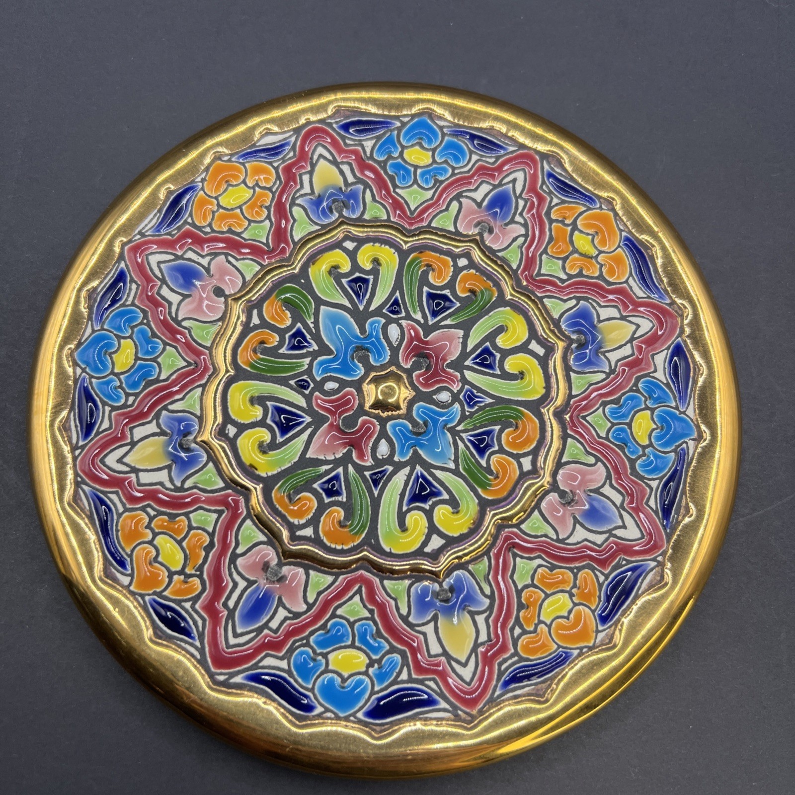 24K Gold Cercolon Pintado Enameled Art Plate Tile Hang Rest Spain 5.75″