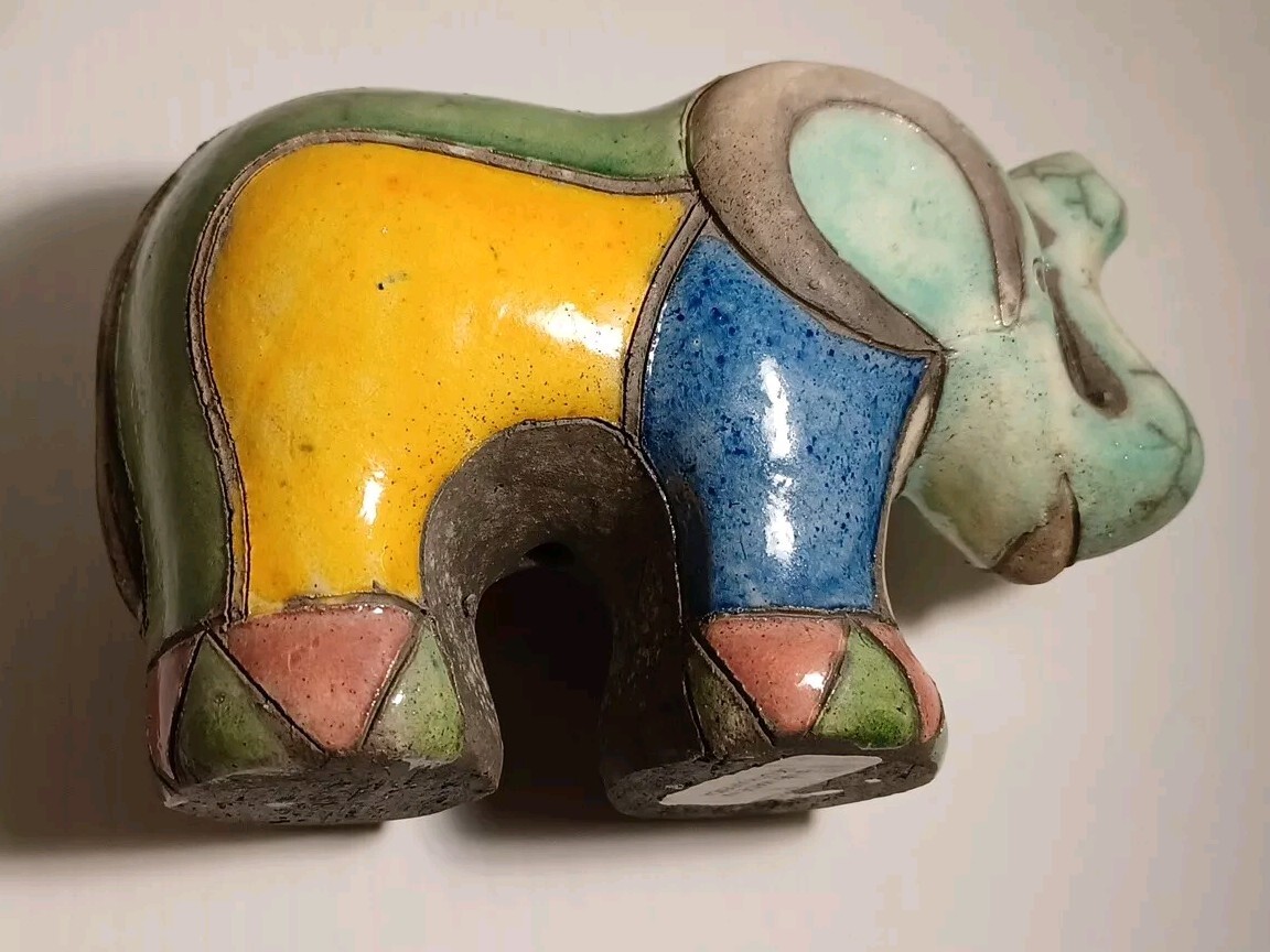 Raku Pottery Elephant Sculpture South Africa Bright Colors Trunk Up Good Luck