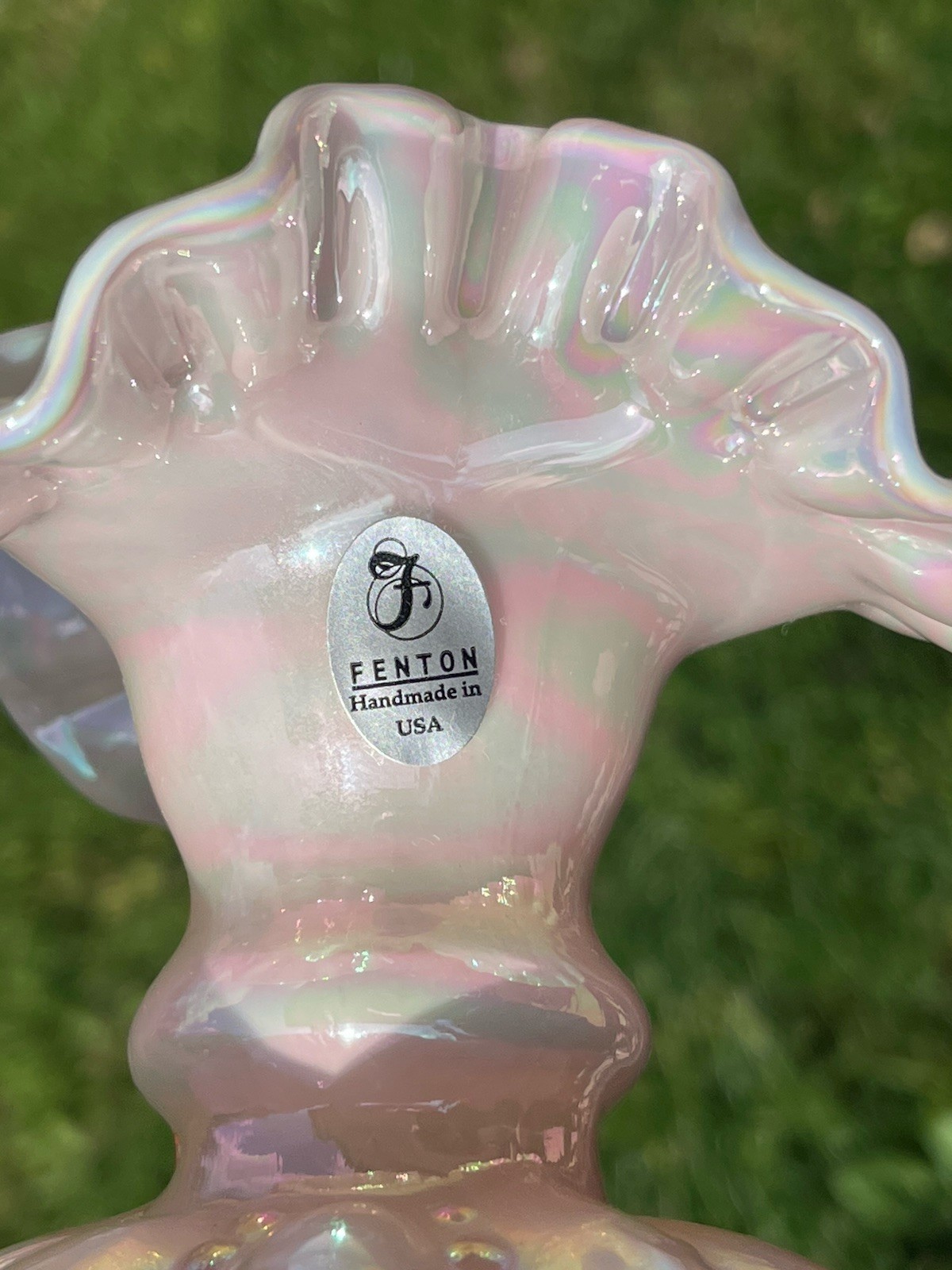 FENTON MELON VASE IRIDESCENT PINK BEADED RUFFLE EDGE SIGNED DAN FENTON