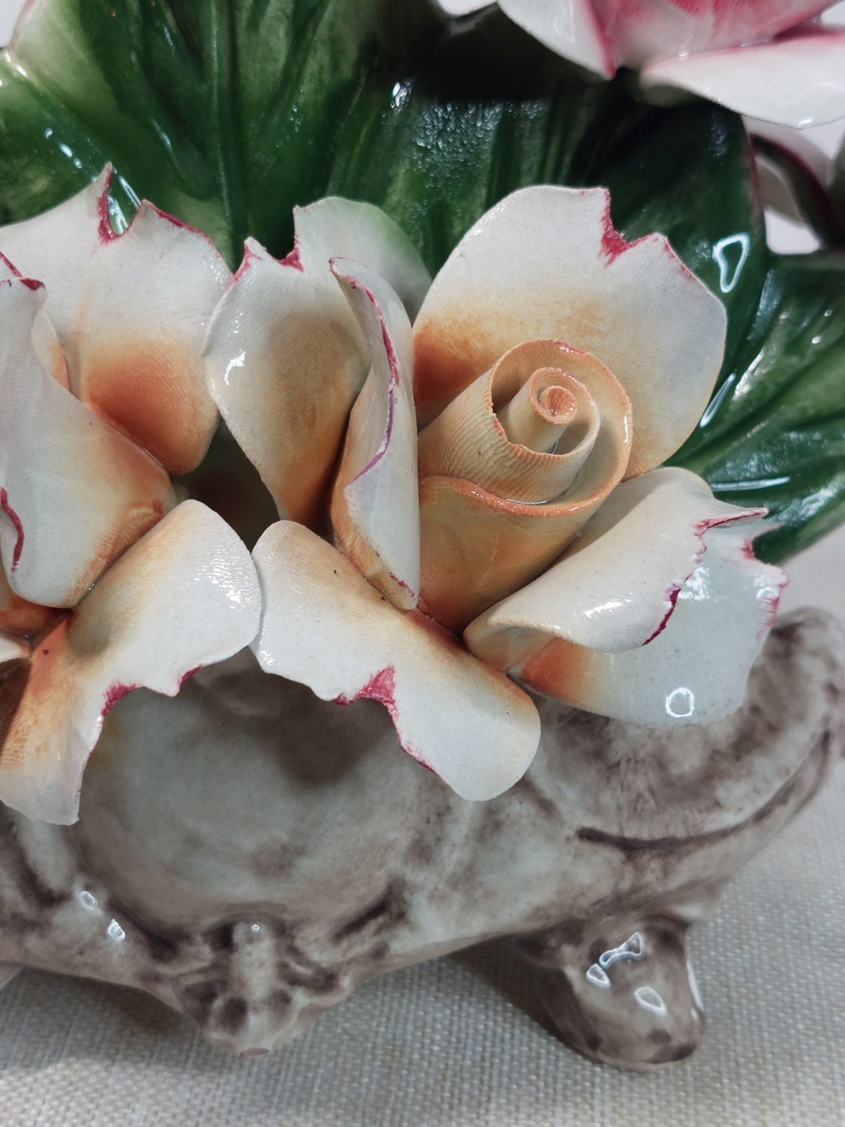 Vintage Capodimonte Pink Yellow Roses Porcelain Bouquet Italy Shabby Chic Decor