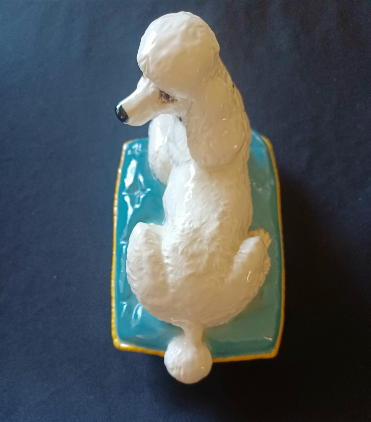 Vintage 1980s Royal Doulton Beswick White Poodle On Blue Cushion Dog Figurine