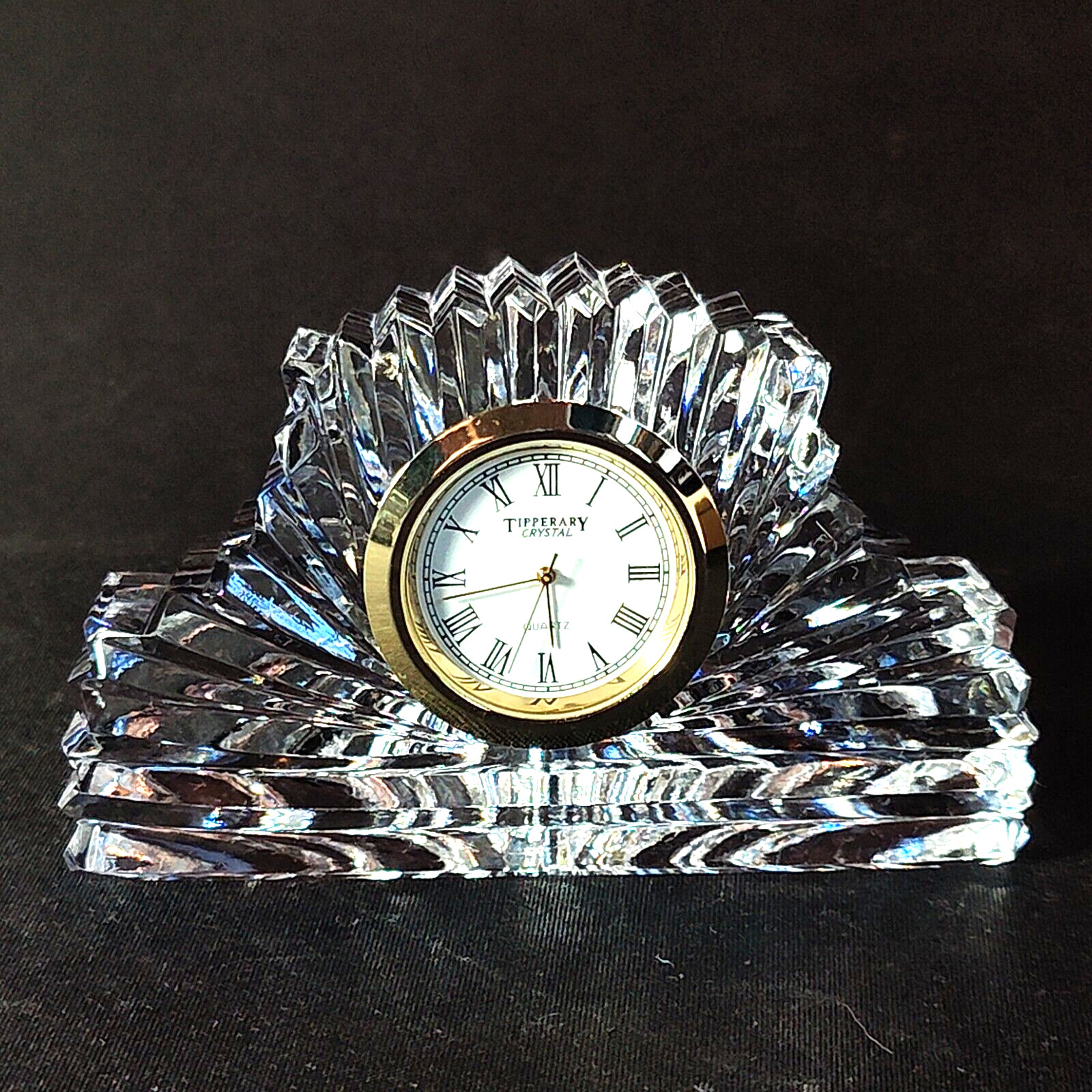 TIPPERARY DESK CLOCK, Cut Lead Crystal, 4 1/8″, Gold Face, IRELAND, Signed