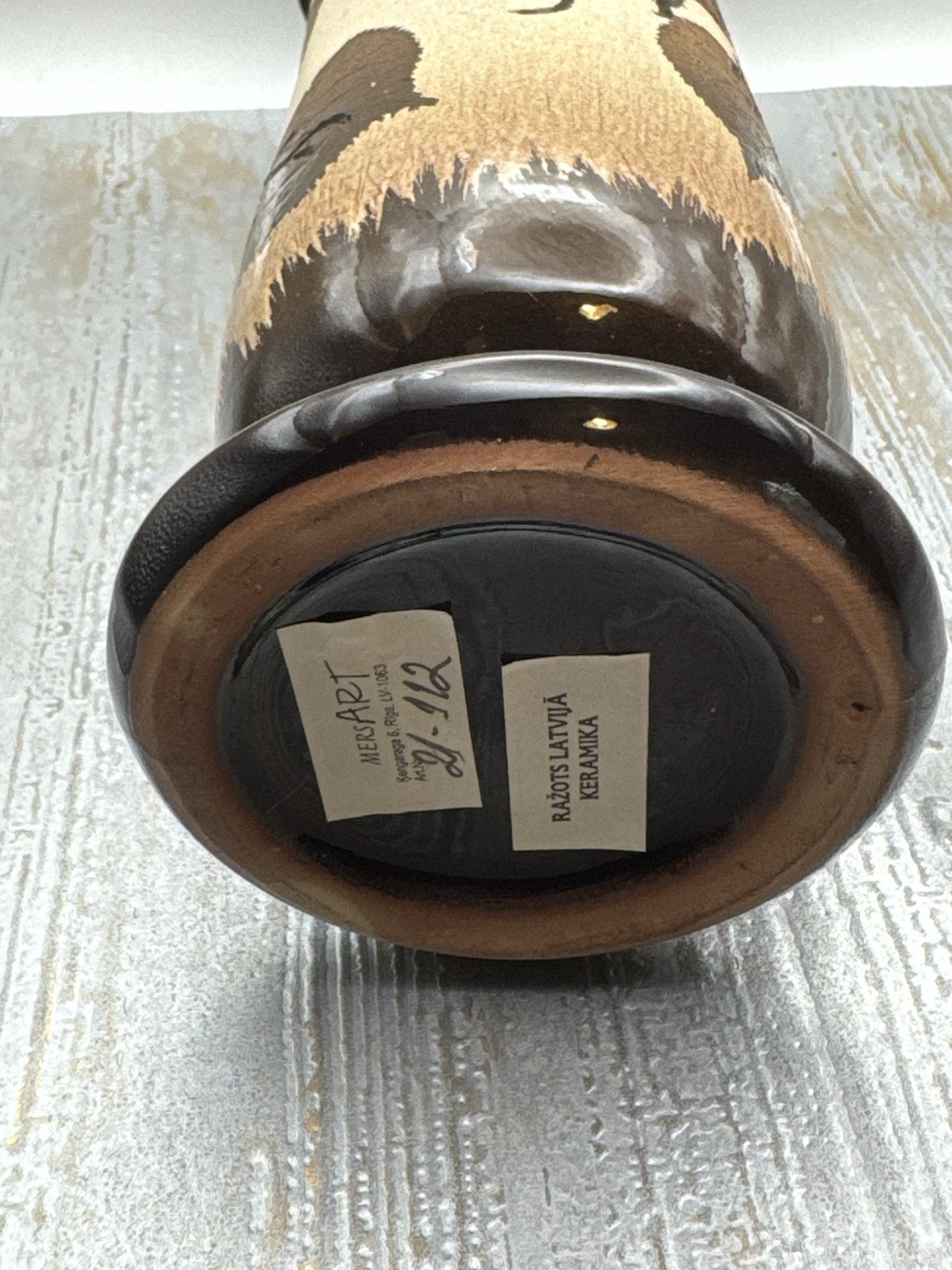 Latvian MersArt Pottery Vase With Leaf Imprint, 8 1/2 X 3 1/4”
