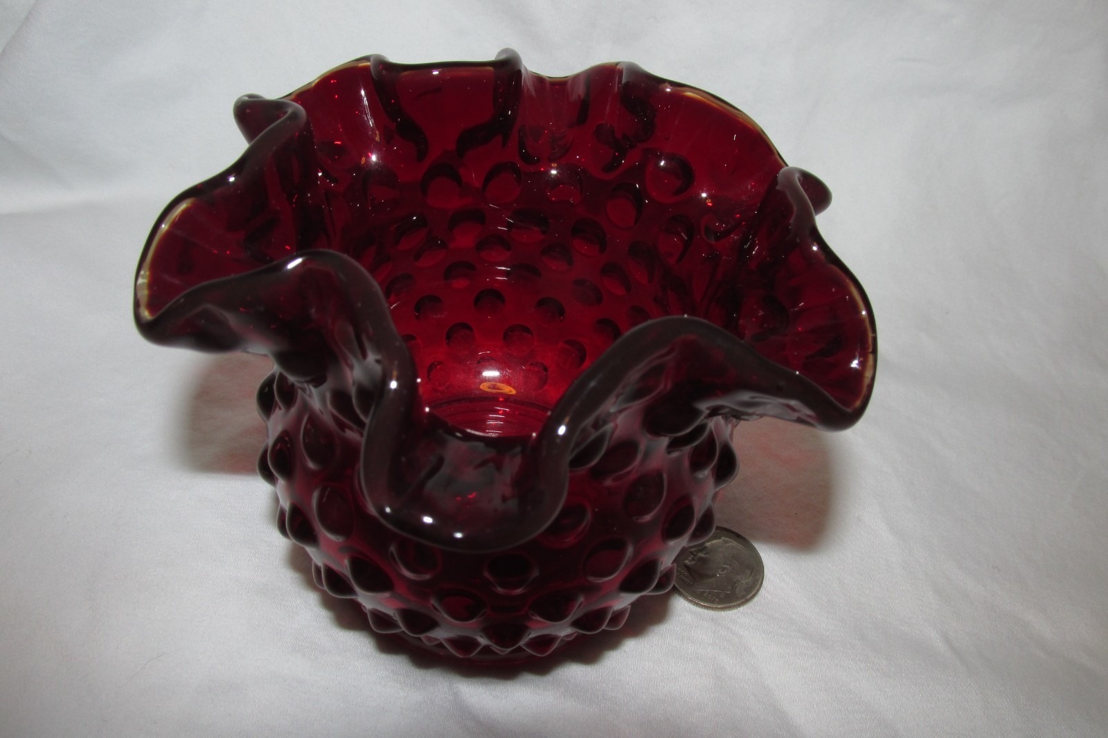 Vintage Fenton Dark Ruby Red Hobnail Ruffled Vase 3 Inch tall, Fenton stamp