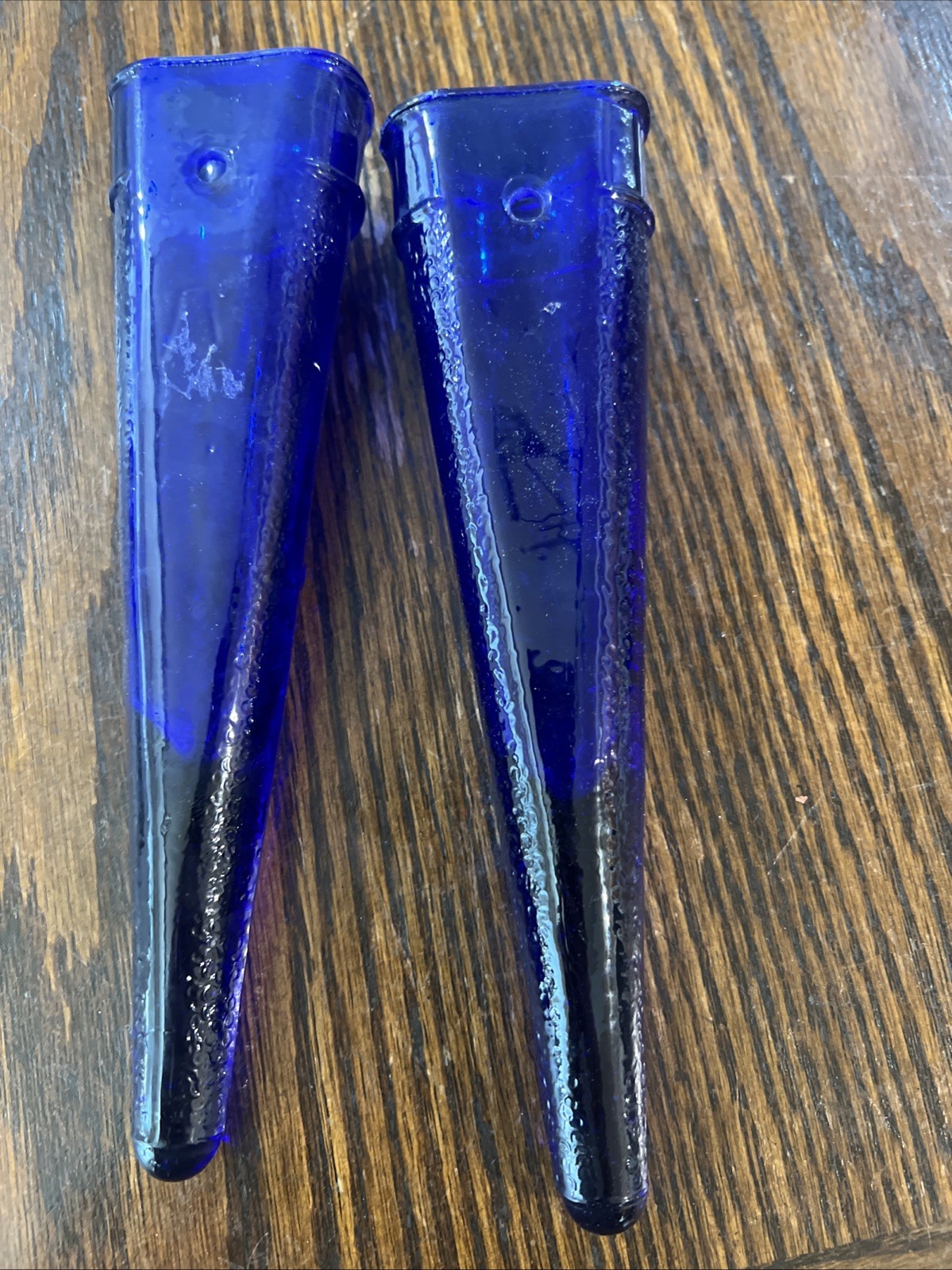 VTG Dugan Cobalt Blue Glass Cone Bird Car Wall Pocket Vase 1920s 8 1/8” H Set 2