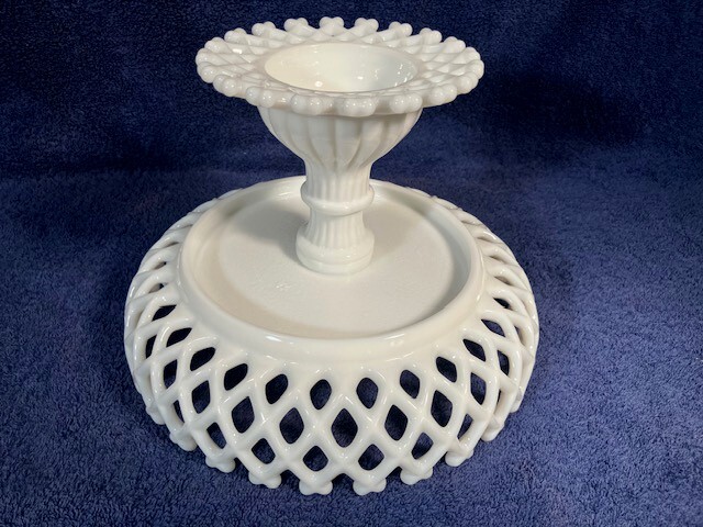 MINT Vintage WESTMORELAND Milk Glass COMPOTE Basket Weave LATTICE Open Lace Edge
