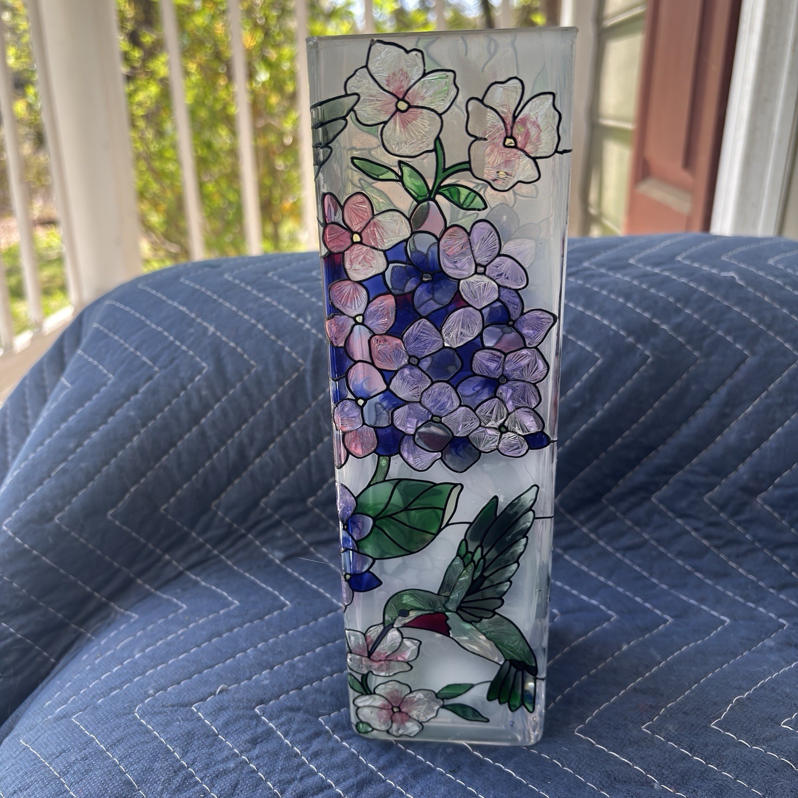 Joan Baker Vase Stained Glass Hand Painted Hummingbird Flowers Purple Green