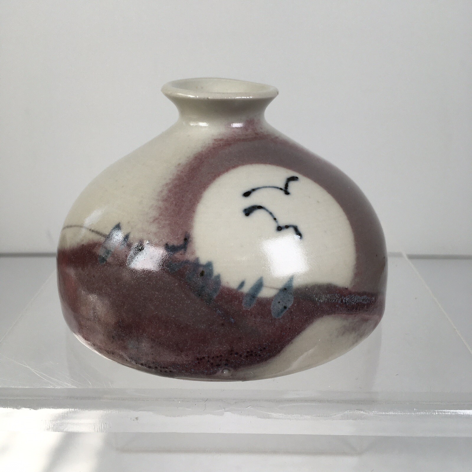 Studio Art Pottery Small Vase Nature Scene Birds Sun Trees Purple Hand Thrown 3”