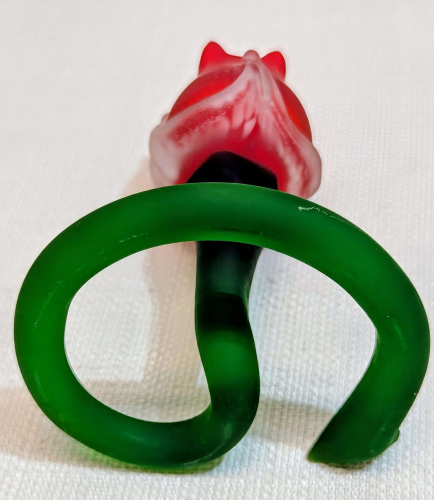 Free Standing Frosted Art Glass Red Flower Bud (Rose/Tulip) w/Curled Green Stem