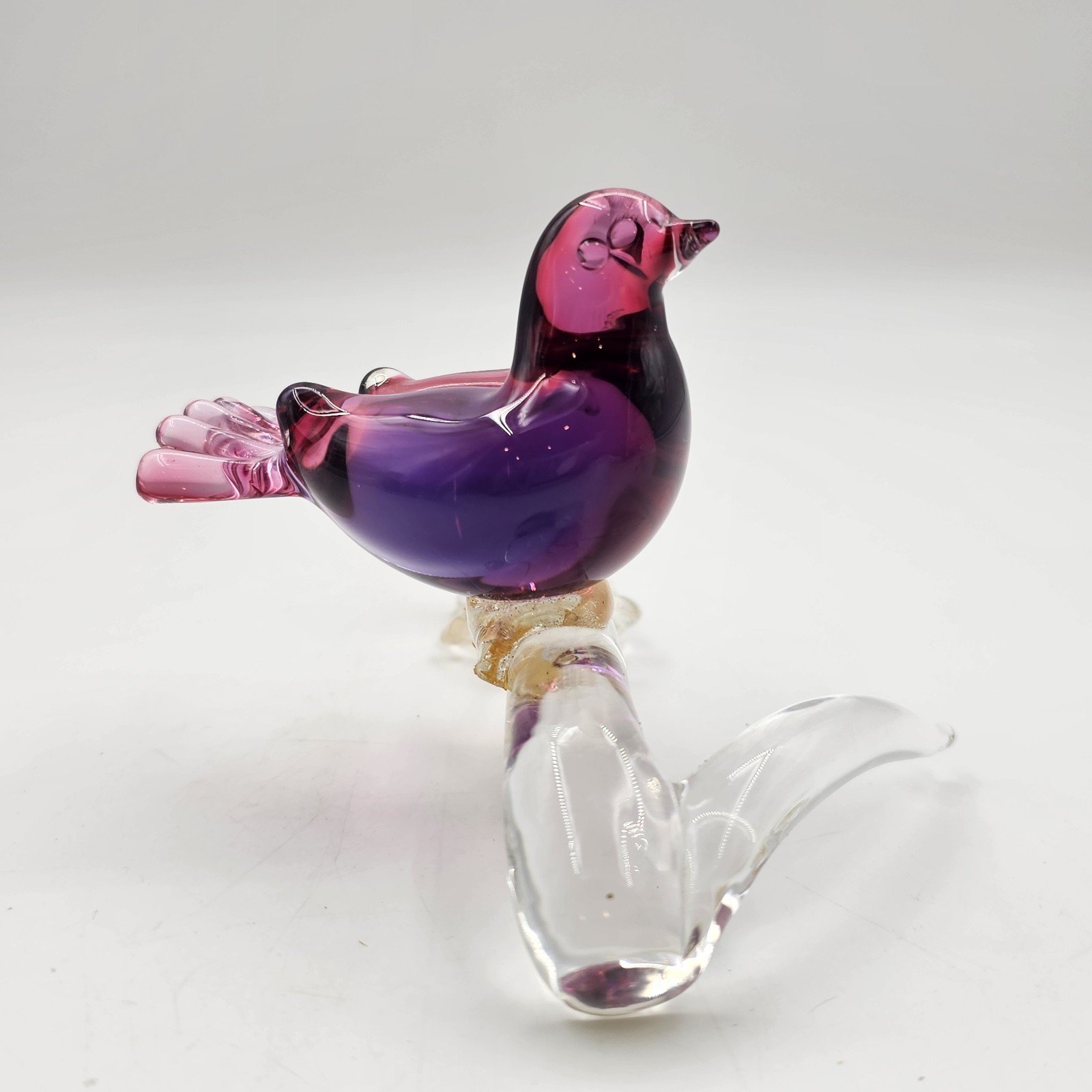 Murano Hand Blown Art Glass Bird Sculpture on Gold Fleck Branch Figurine 3.50 in