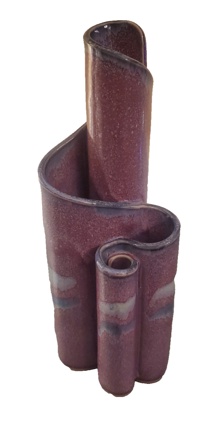 BAY POTTERY RIBBON VASE 4 CHAMBERS 10″ TALL PURPLE BLUE & GREY GLAZE