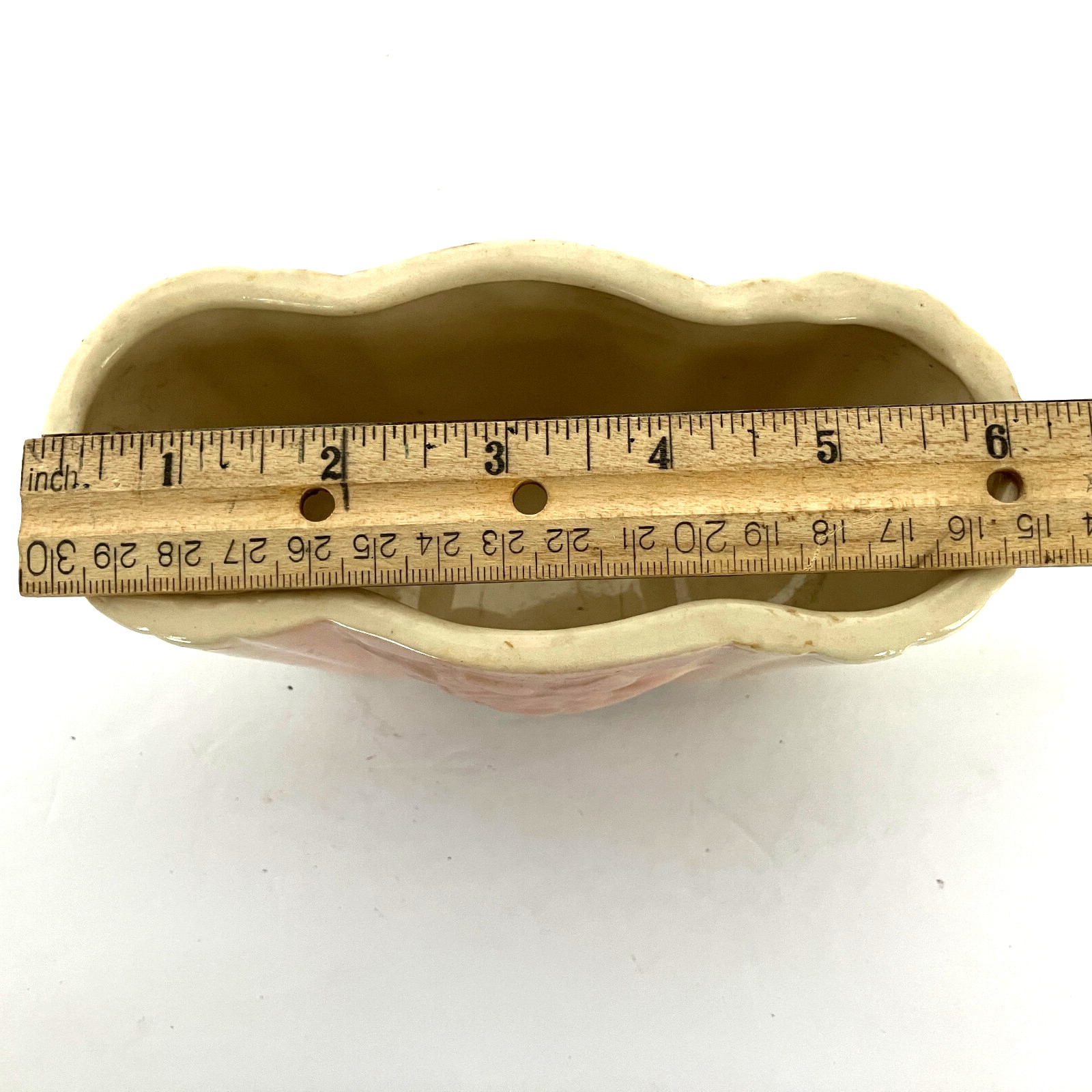 VTG Small Mid Century Pink Cream Scalloped Keyhole Ceramic Planter Rose Relief
