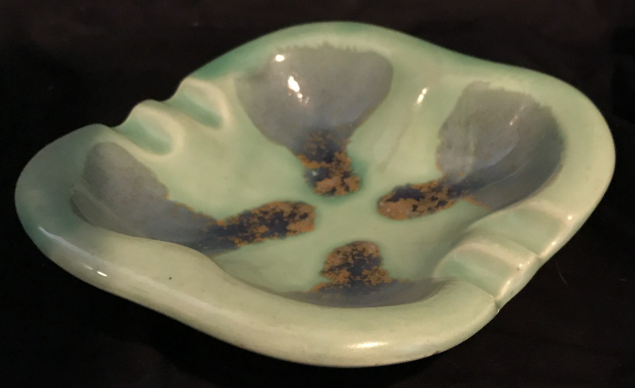 Vintage USA ceramic ashtray ~6″ square green blue drip glaze MCM 1950s – 1970s