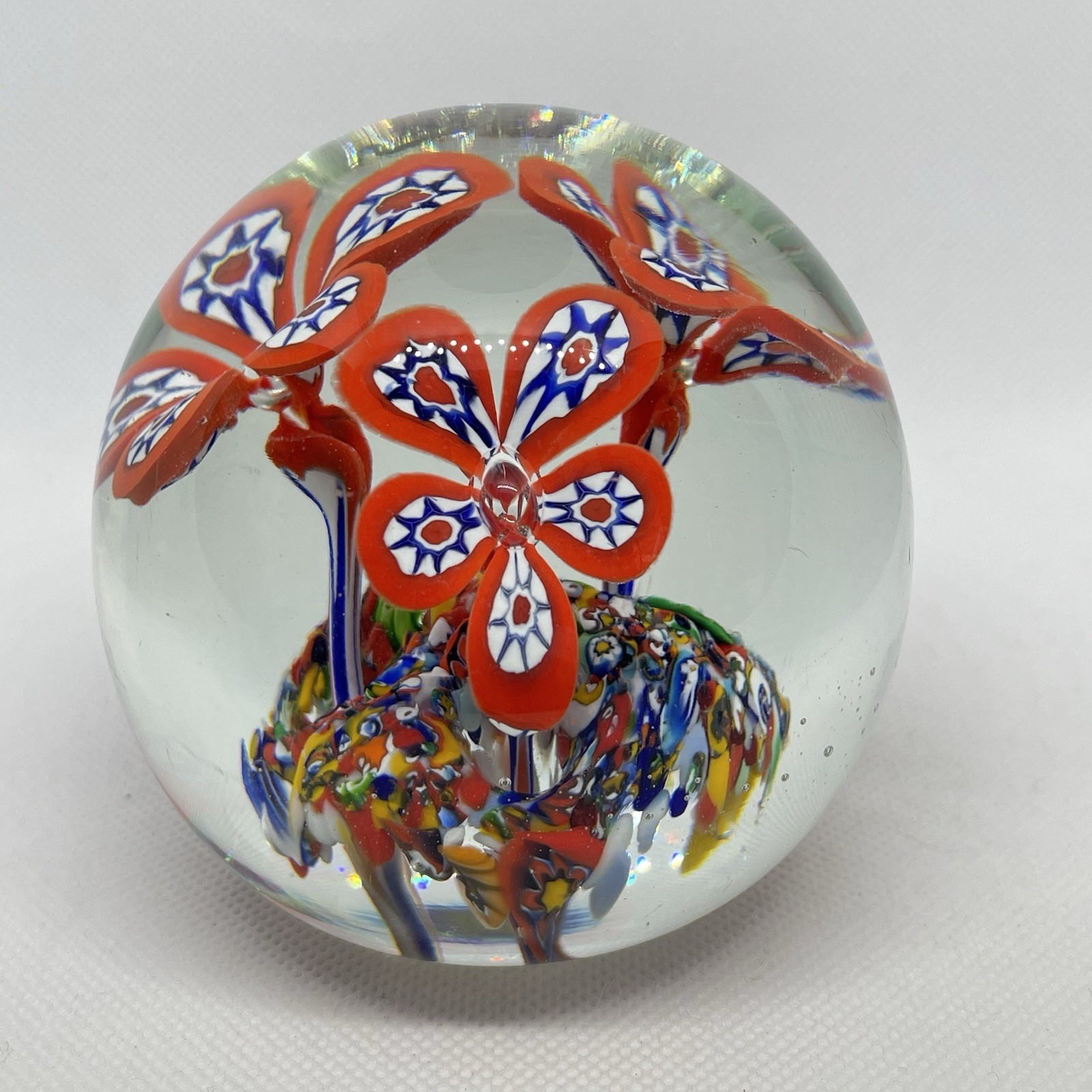 Gentile Glass Paperweight 3.25″ Millefiori Trumpet Flowers Multicolor – READ