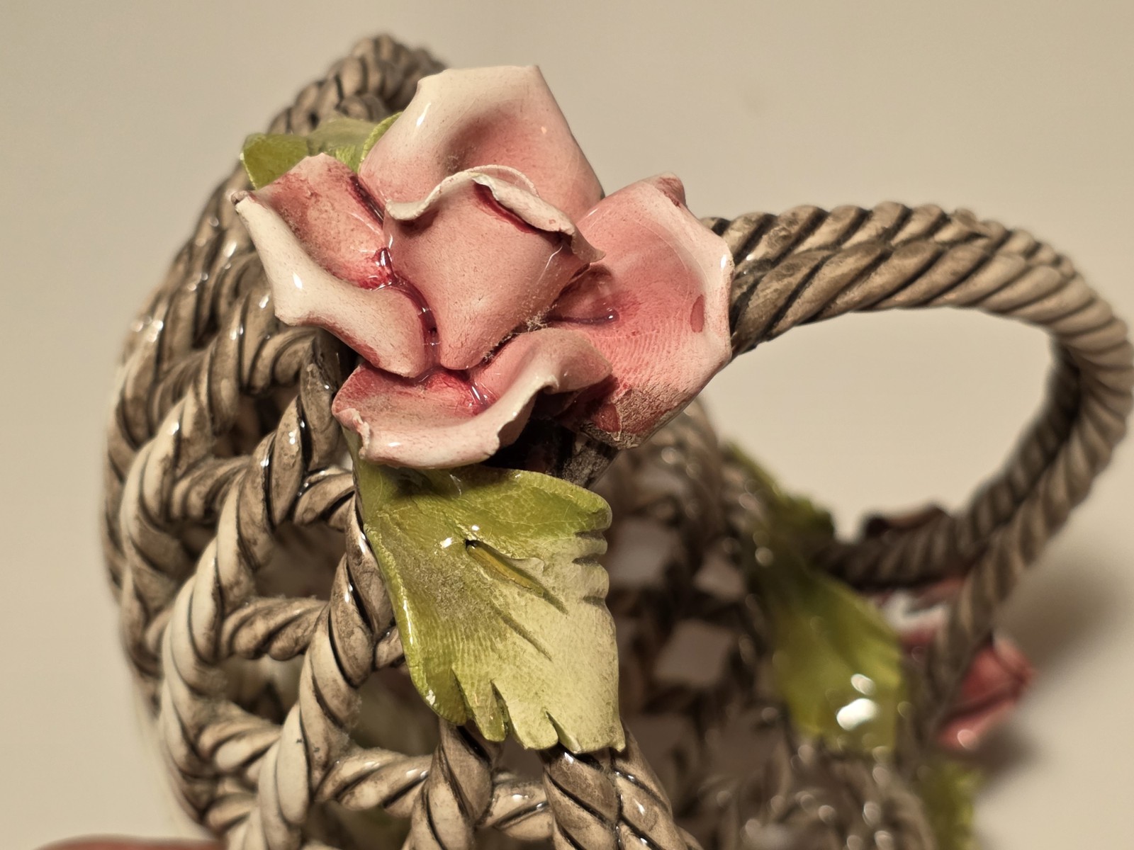 Vintage Capodimonte Woven Porcelain Basket with Flowers Italy