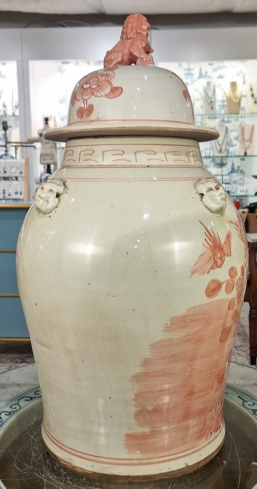 Vintage Reproduction Light Red Bird Warrior Porcelain Temple Jar-12” x 24”H