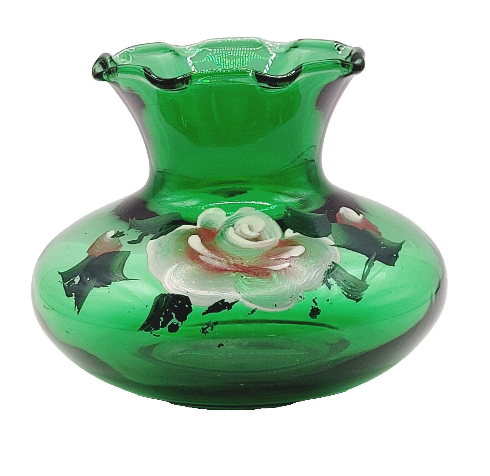 Crimp Ruffle Rim Bud Vase Hand Painted Roses Forest Green Glass Anchor Hocking