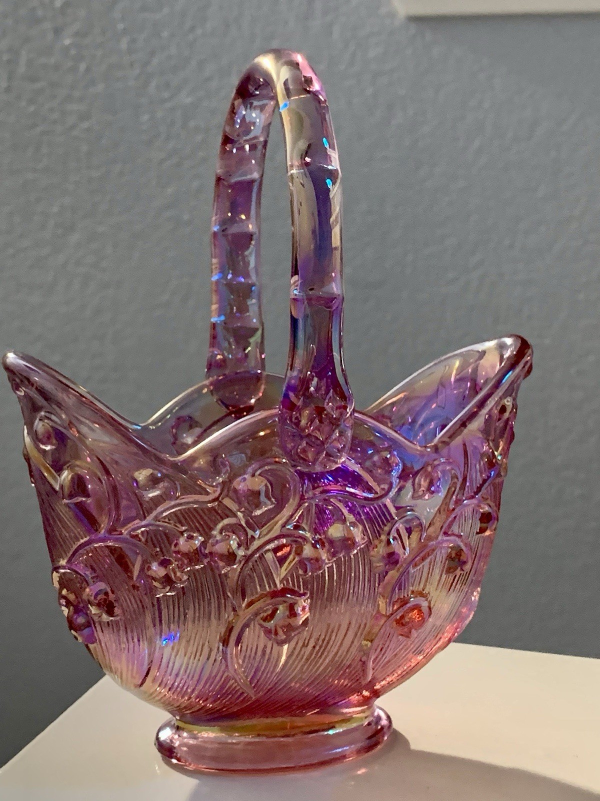 Fenton Glass Basket Iridescent Plum Lily of The Valley Pattern Signed