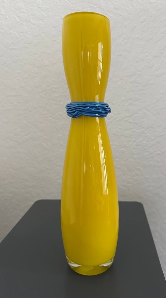 Bohemian Czech Rony Plesl Tall Hourglass Glass Vase Yellow and Blue 13″