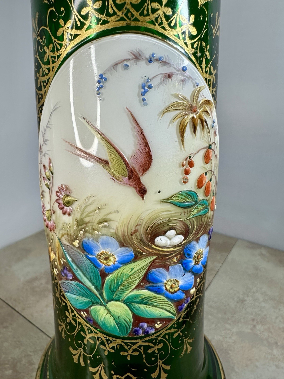 Antique 19th C Moser Green Glass Bird & Flowers Gold Gilt Vase Applied Porcelain