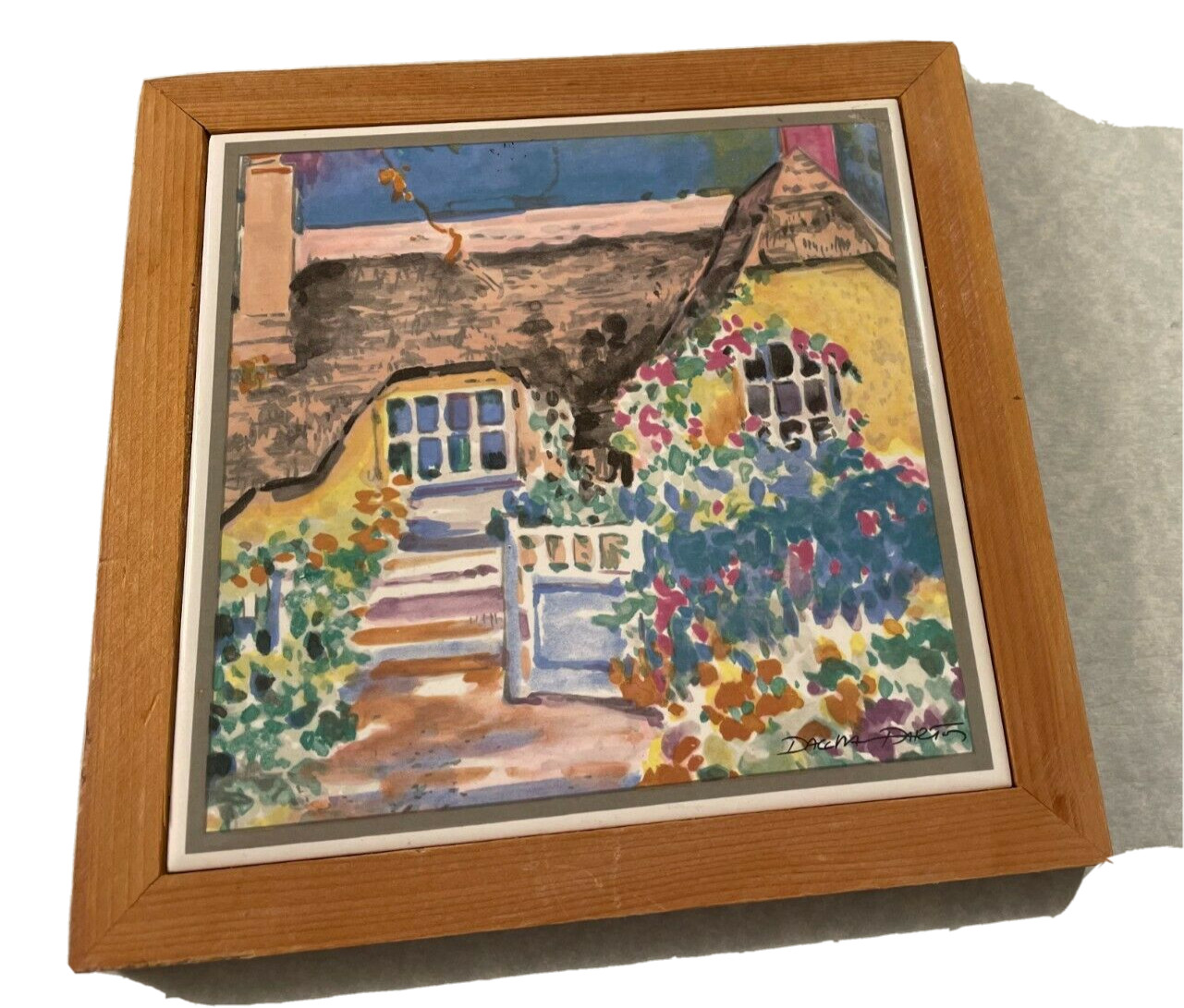 Cottage Scene Decorative Tile by Dawna Barton Art Wood Signed 7″ x 7″ w Hanger