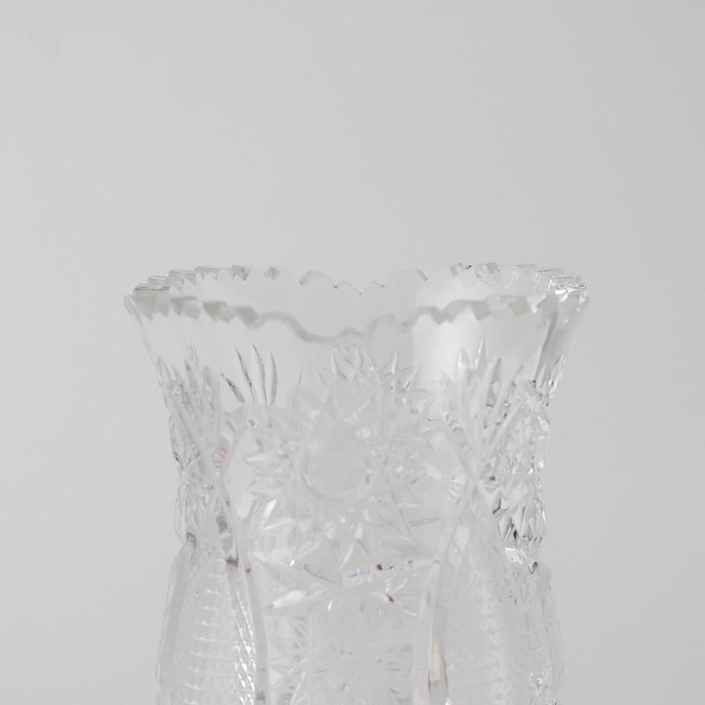 Japanese Ornate Crystal Cut Glass Vase Pinwheel & Fan Motif Heavy Glass H8.07in