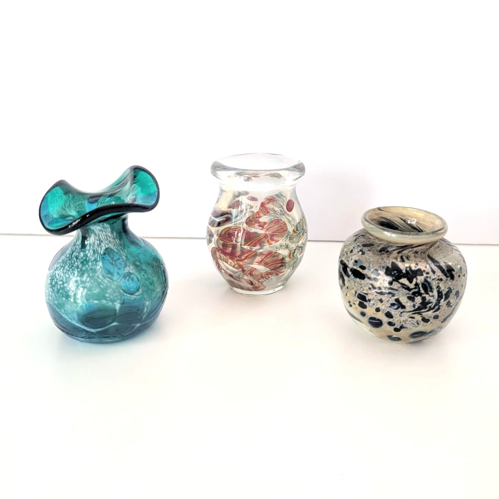 Hand Blown Art Glass Mini Vase Trio Instant Collection Teal Crackle Iridescent