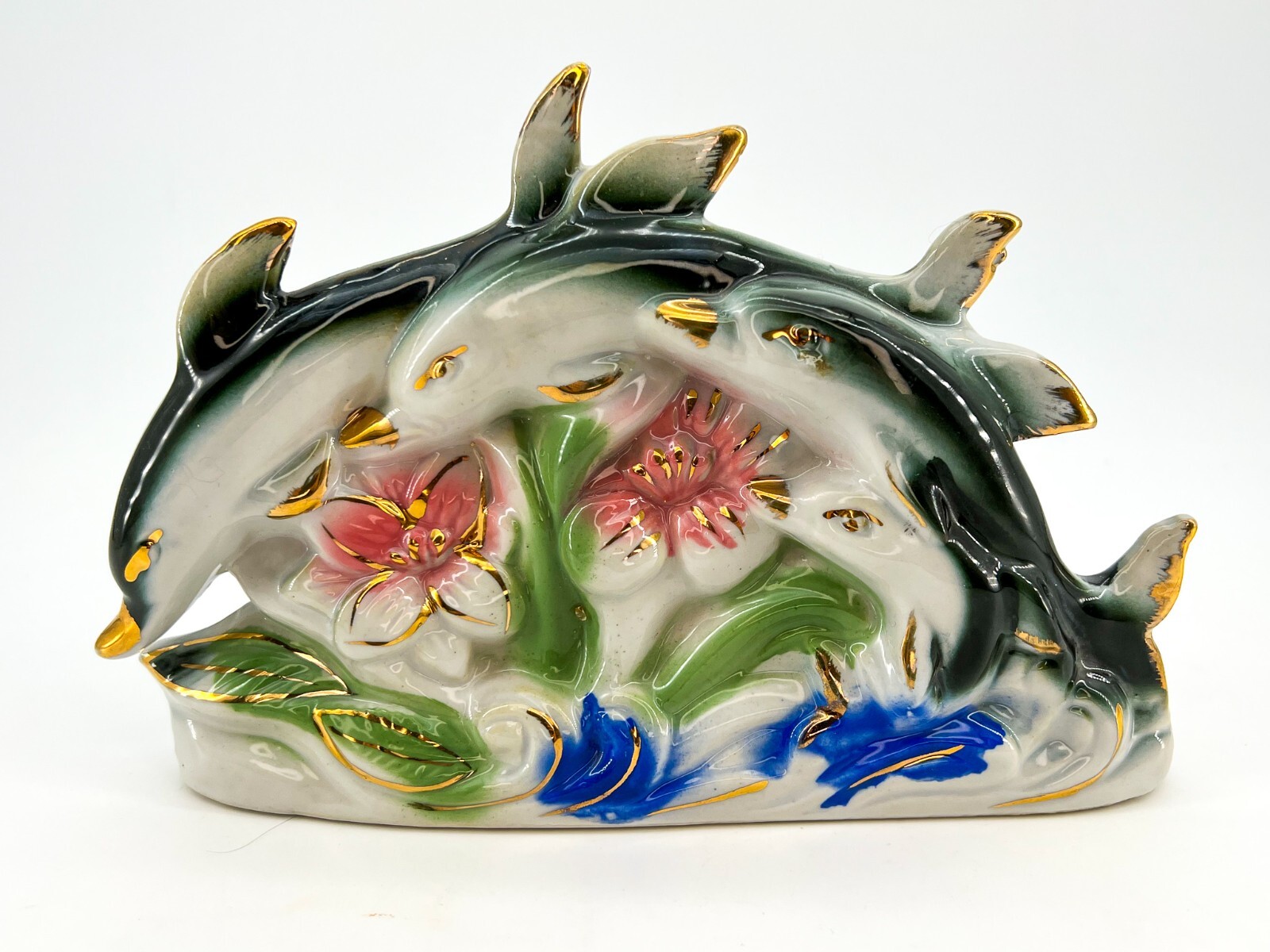 Vtg DOLPHINs School Porcelain Figurine Statue Lusterware Glaze Hibiscus Flower