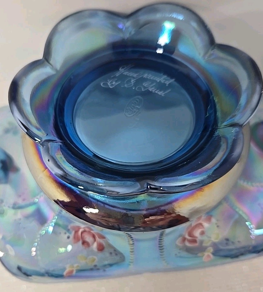 Vintage Fenton Twilight Blue Carnival Glass Beaded Oval Basket Signed 7 in. EUC