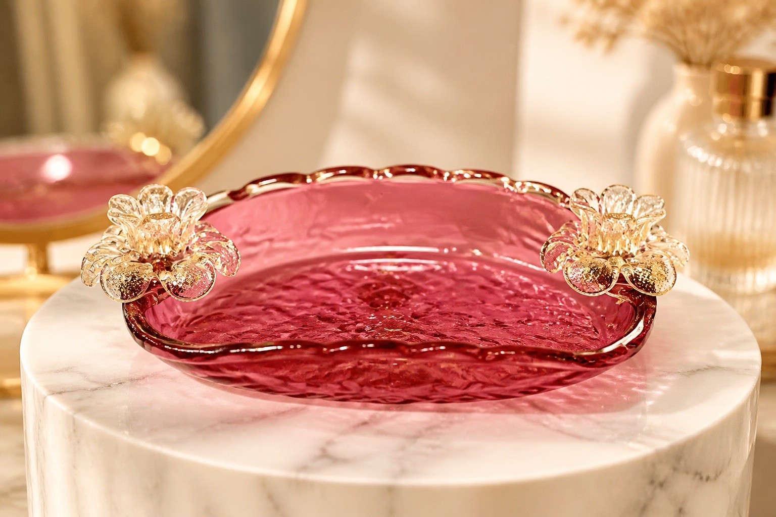 Murano Cranberry With Gold , Decorative Basket With Clear Glass Candle Holders