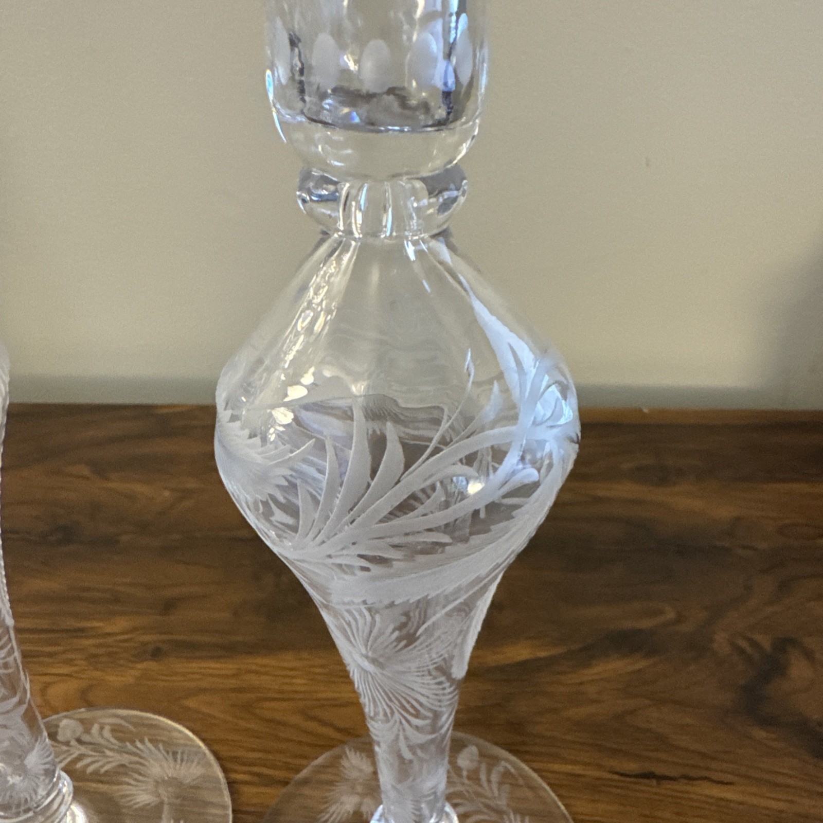 Signed Libbey ABP Crystal Candlestick Pair c.1910 Pyriform Stem Engraved #0192