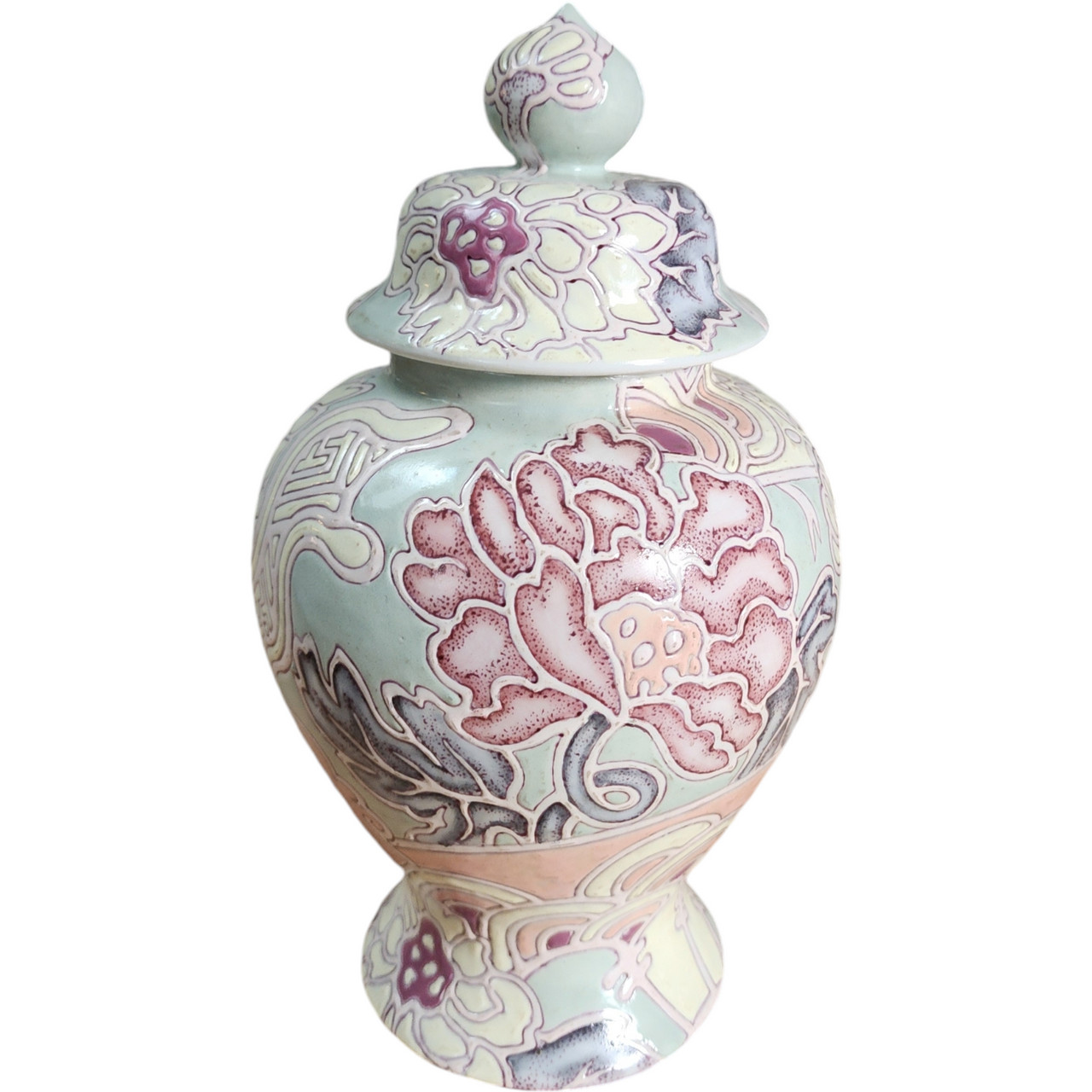Vintage Macau Pedestal Ginger Jar – Hand-Painted Floral Lidded Urn Vase Pastel R