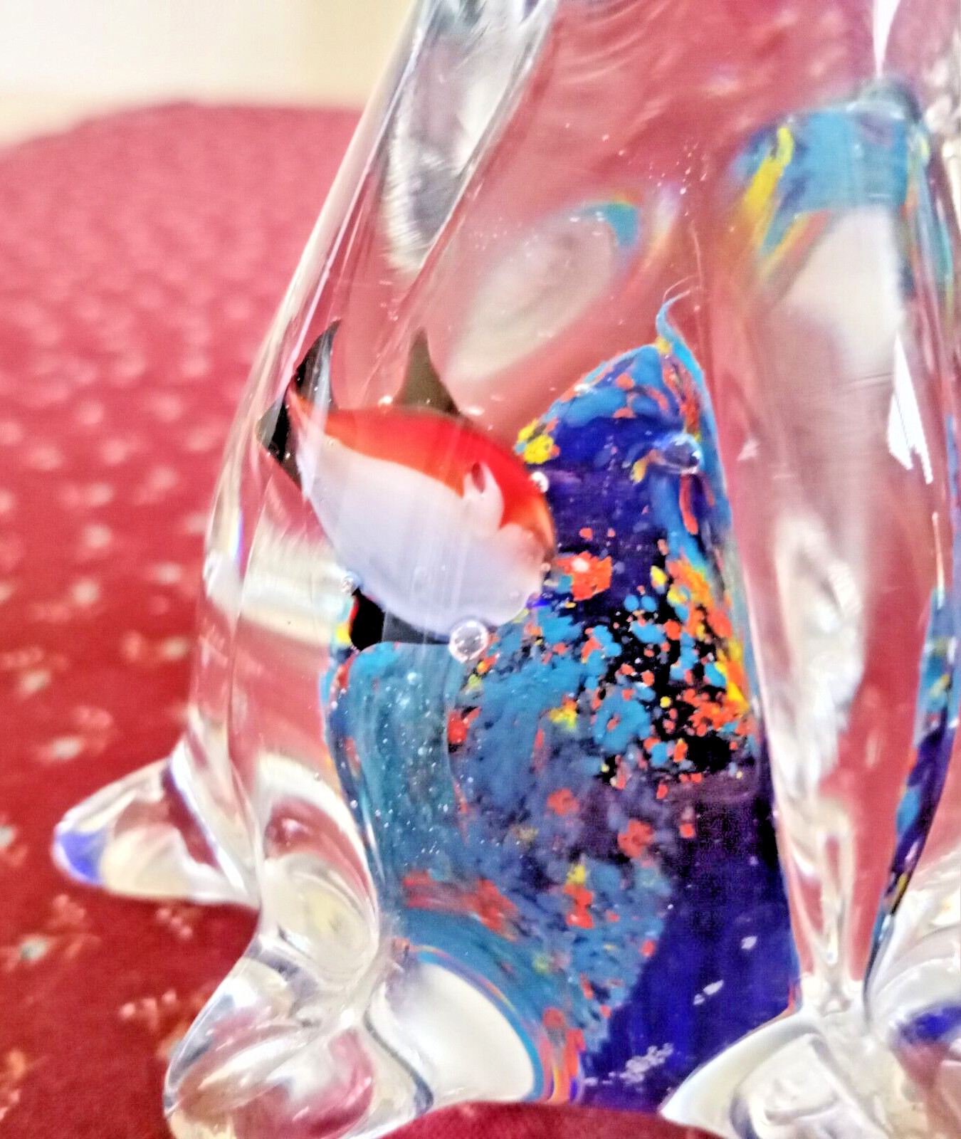 Art Glass Penquin Paperwieght With Seal Life Fish & Coral Figurine