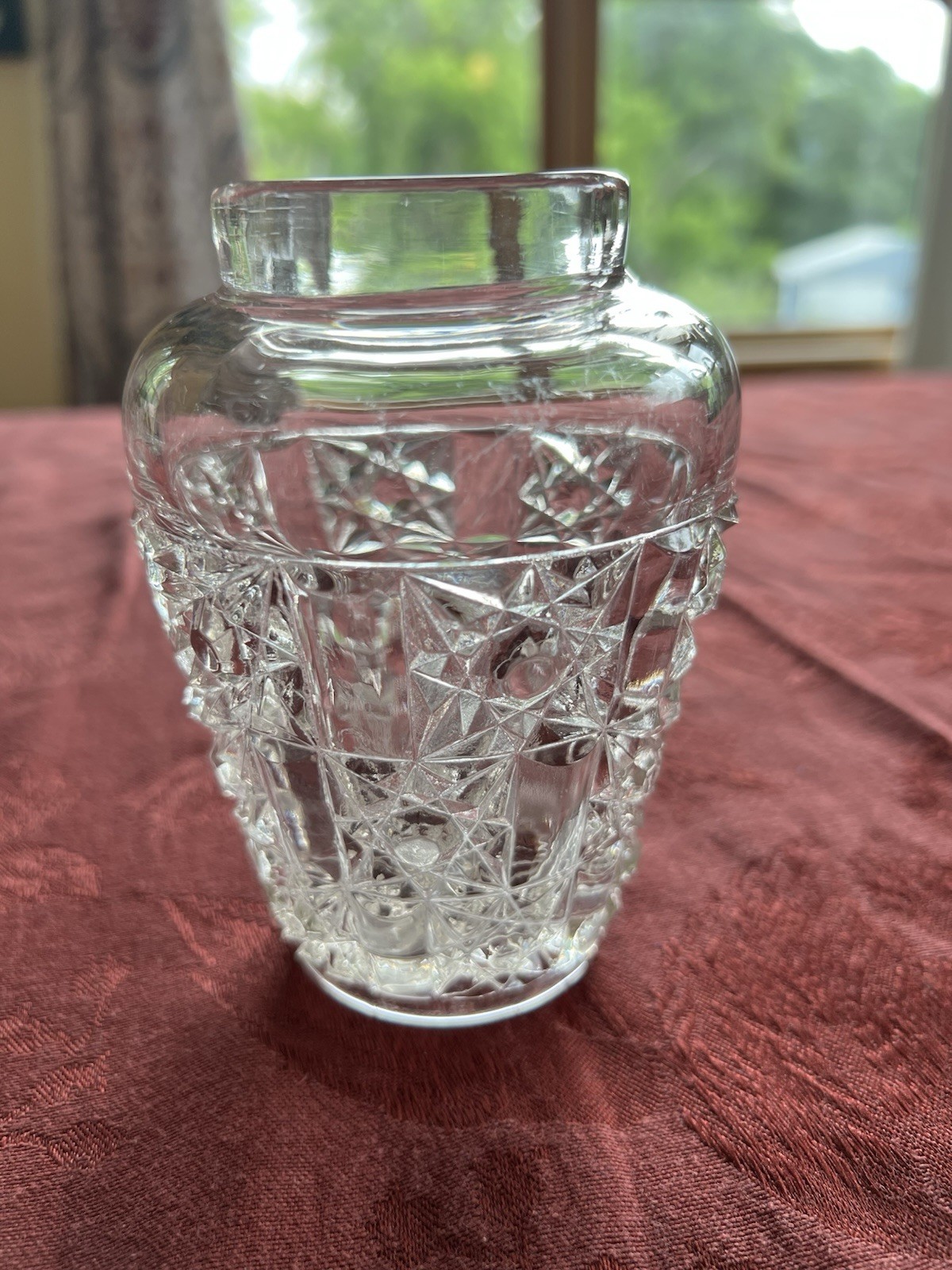 Clear Cut Glass Geometric Pattern Vase, Open Top, 5 in Decorative