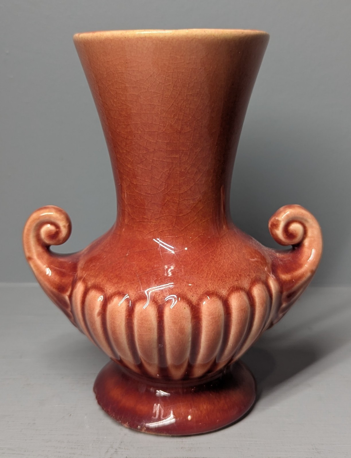 vintage McCoy USA rose, pink or rust double arm Vase 6″ tall