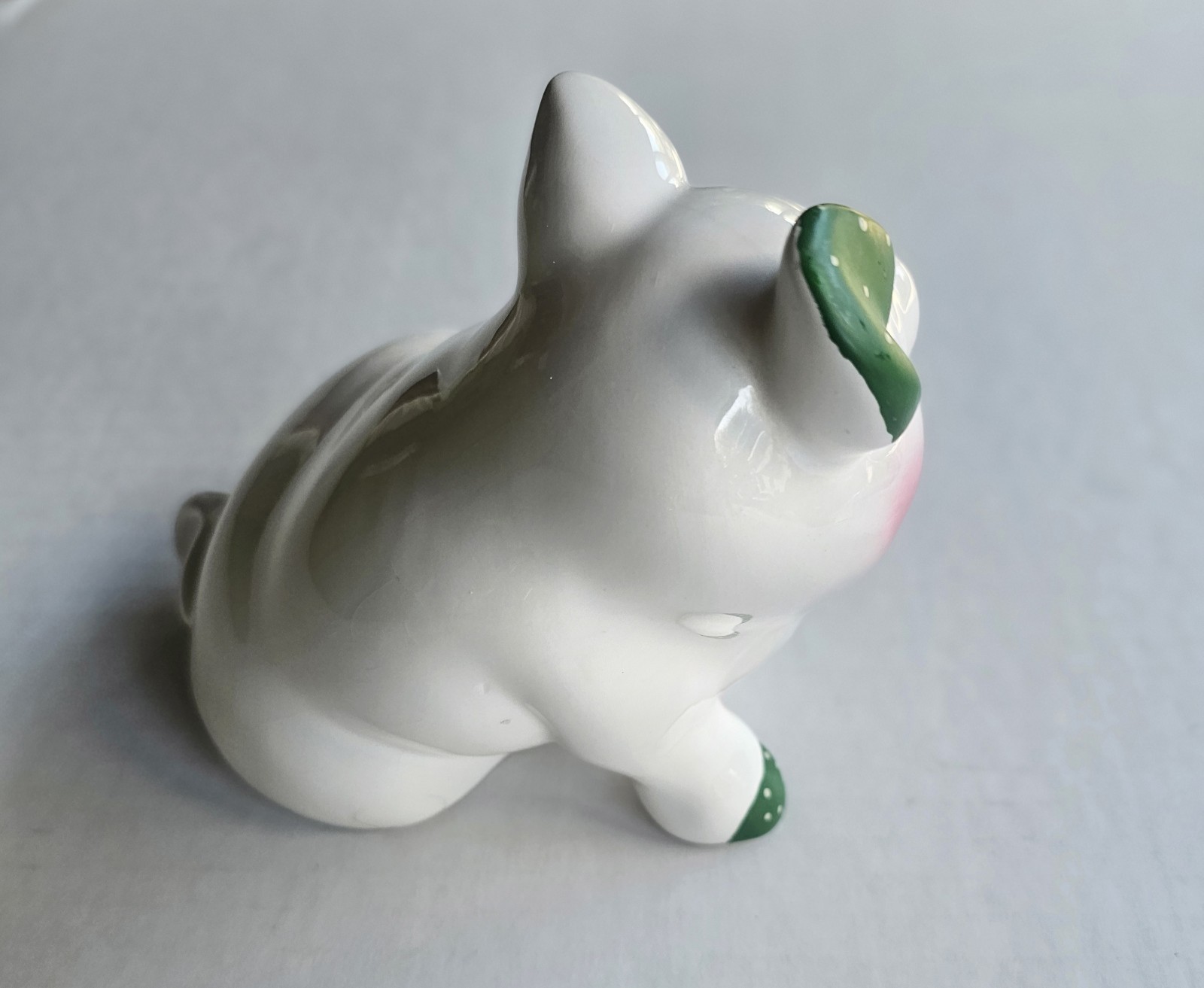 Ceramic Pig Figurine White Green Pink Polka Dot Glossy Finish 3D Effect