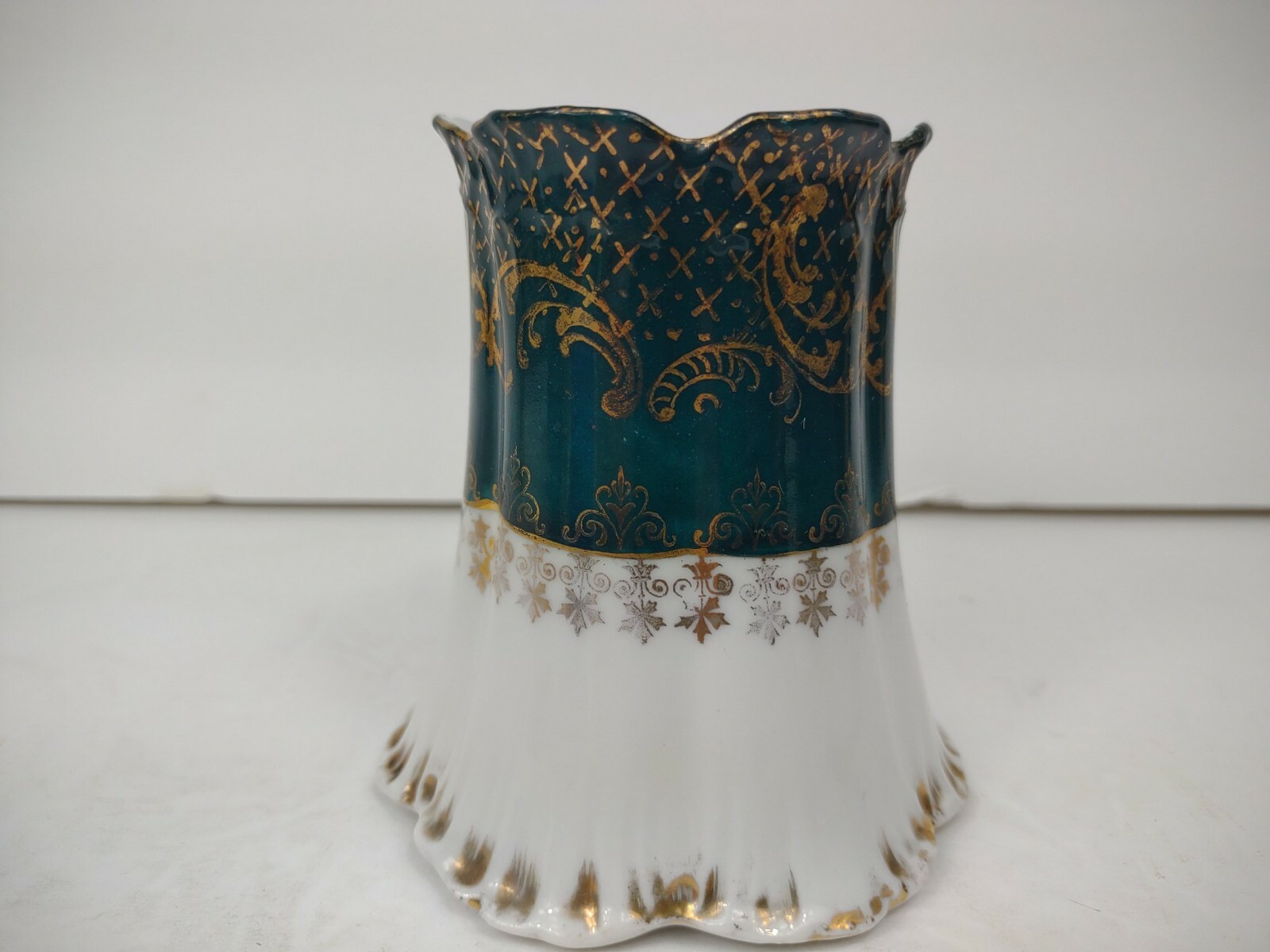 Victoria Carlsbad Austria Porcelain Emerald Green And Gold Antique Vase 4″ tall