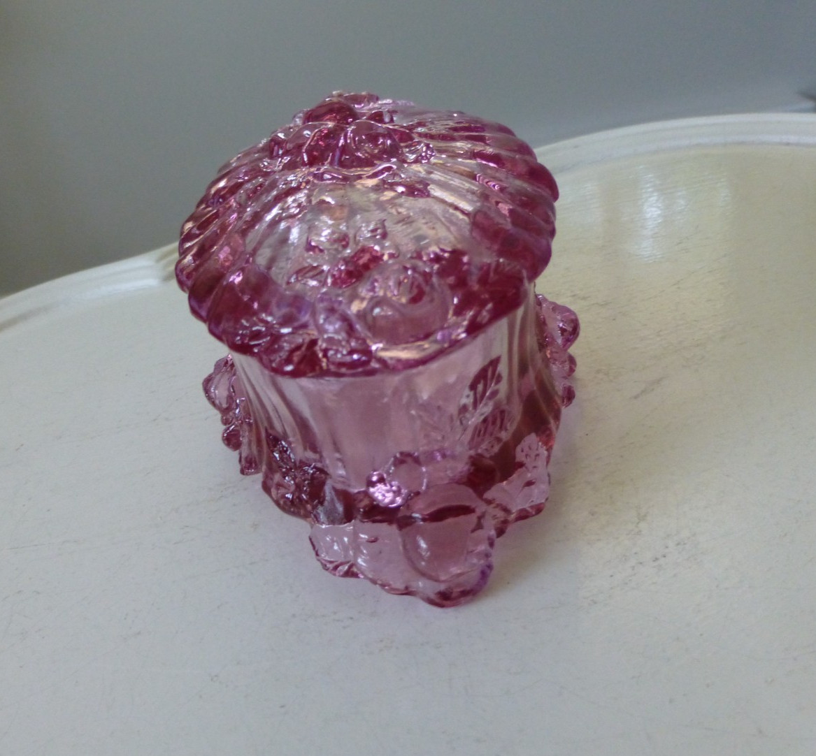 Vintage Fenton Cabbage Rose/Pink/Mauve Glass Covered Footed Trinket Box