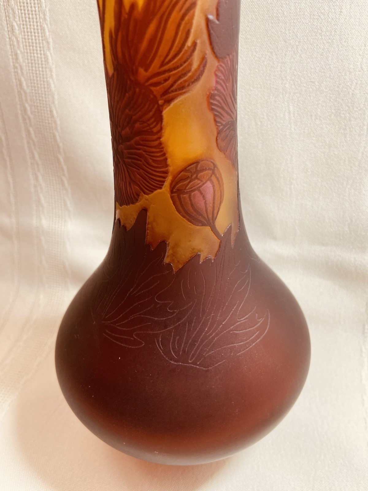 Vintage Petroche Floral Handmade Romania Art Glass Cameo Vase 10 7/8″ Tall Amber